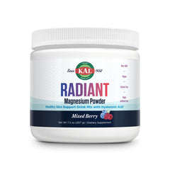 KAL Radiant Magnesium Powder bottle shows mixed berry flavor and skin elasticity support