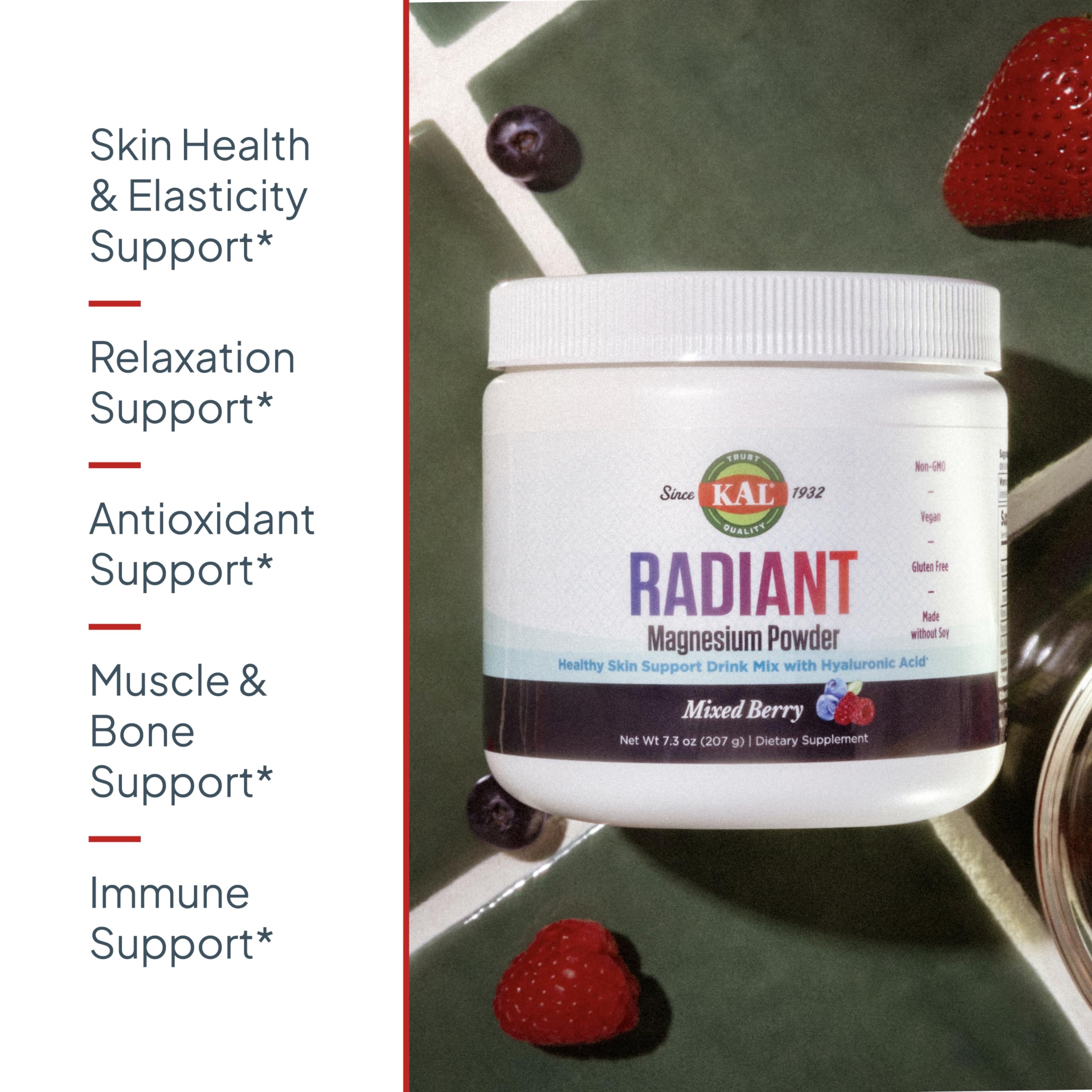 Glass of mixed berry flavored KAL Radiant Magnesium Powder sugar-free drink for hydration