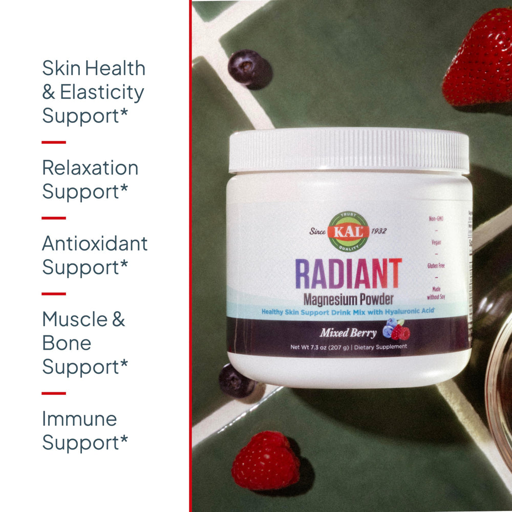 Glass of mixed berry flavored KAL Radiant Magnesium Powder sugar-free drink for hydration