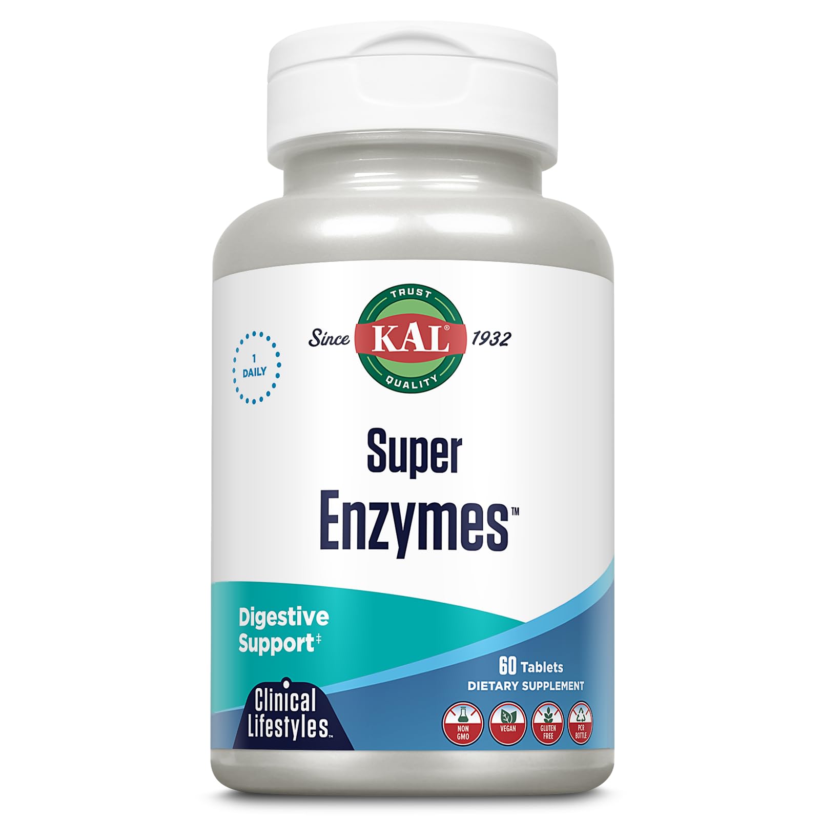 KAL Super Enzymes bottle front showcases vegan enzyme blend for everyday digestion support.