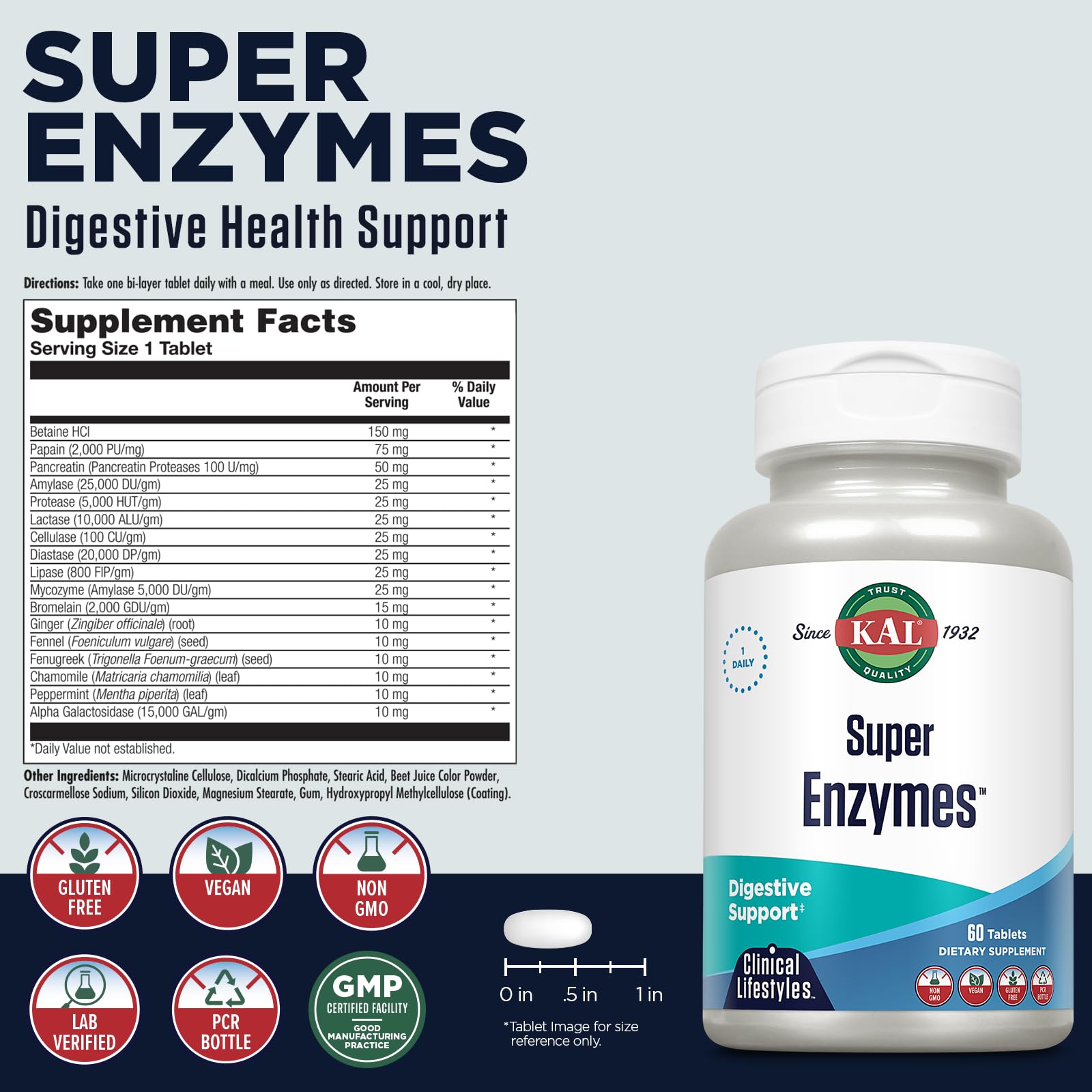KAL Super Enzymes bottle pour demonstrates easy daily supplementation with meals.