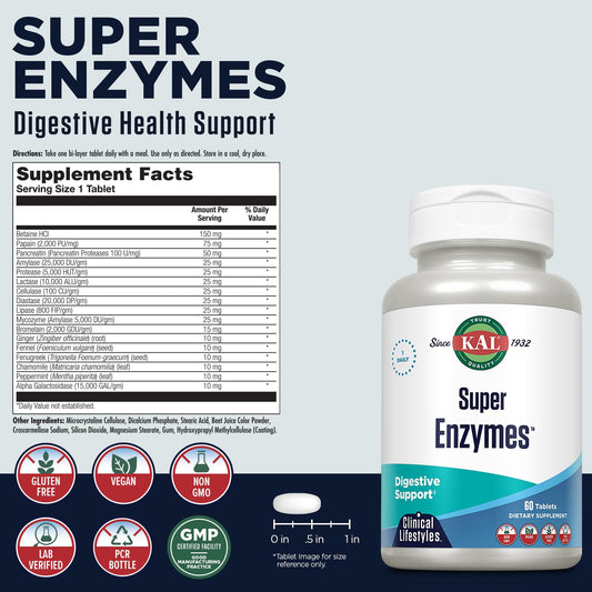 KAL Super Enzymes bottle pour demonstrates easy daily supplementation with meals.