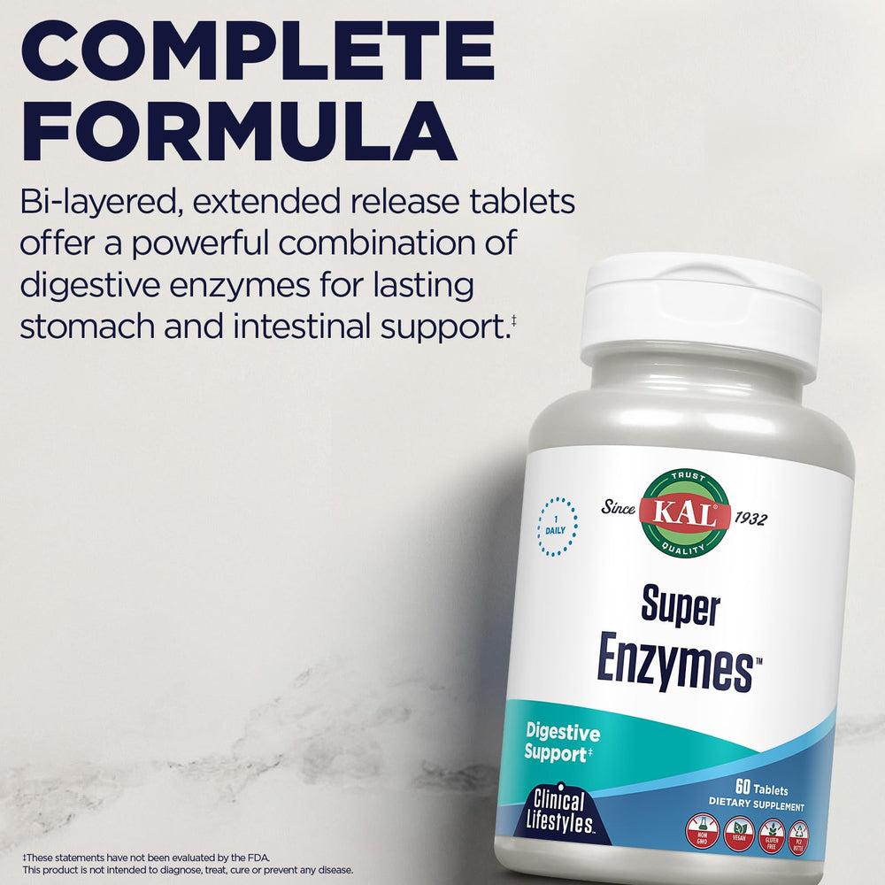 KAL Super Enzymes packaging image suggests non-GMO, gluten-free composition.