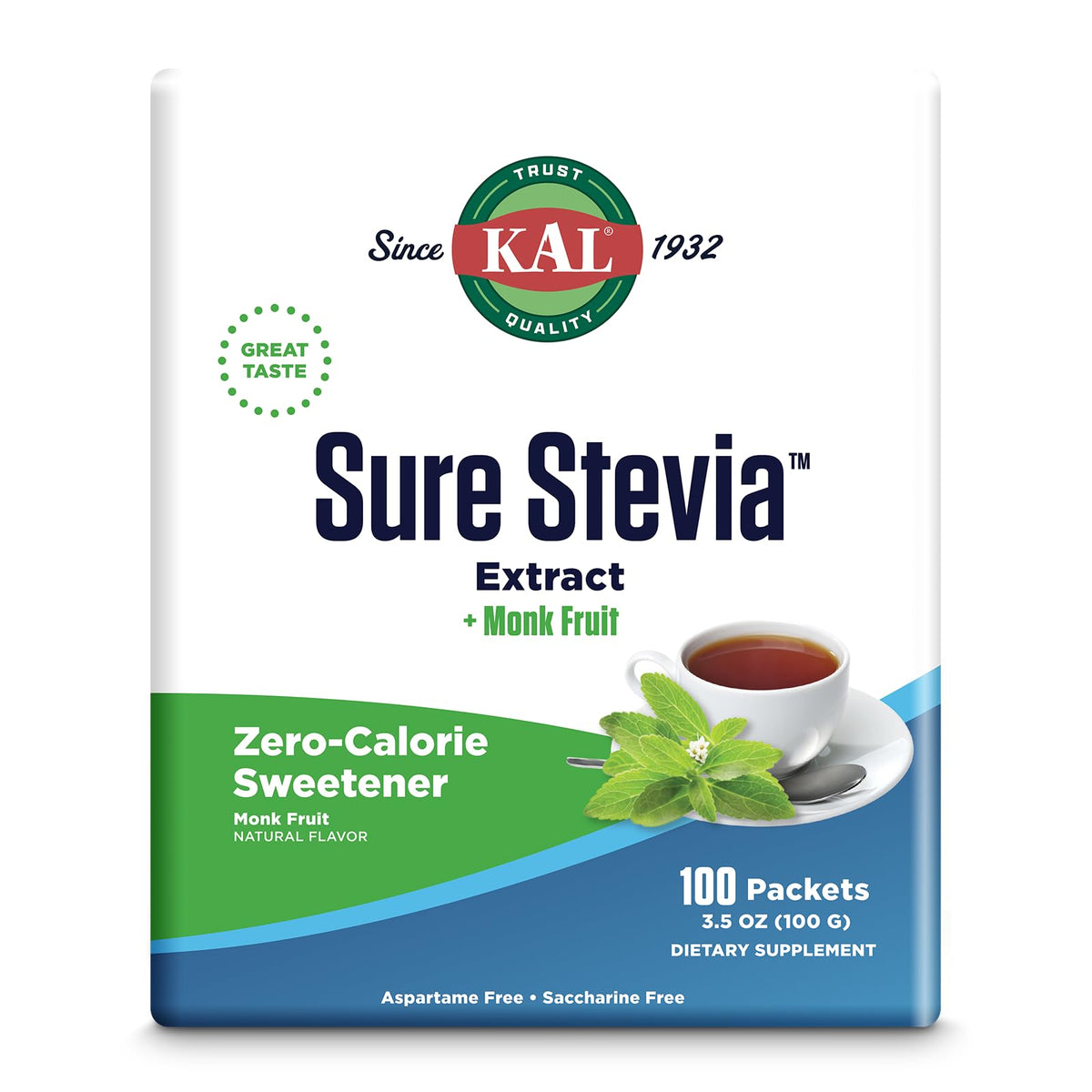 KAL Sure Stevia Plus Monk Fruit single-serve packets for easy zero-calorie sweetness