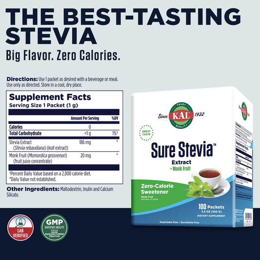 KAL Sure Stevia Plus Monk Fruit zero-calorie packets for keto-friendly beverages