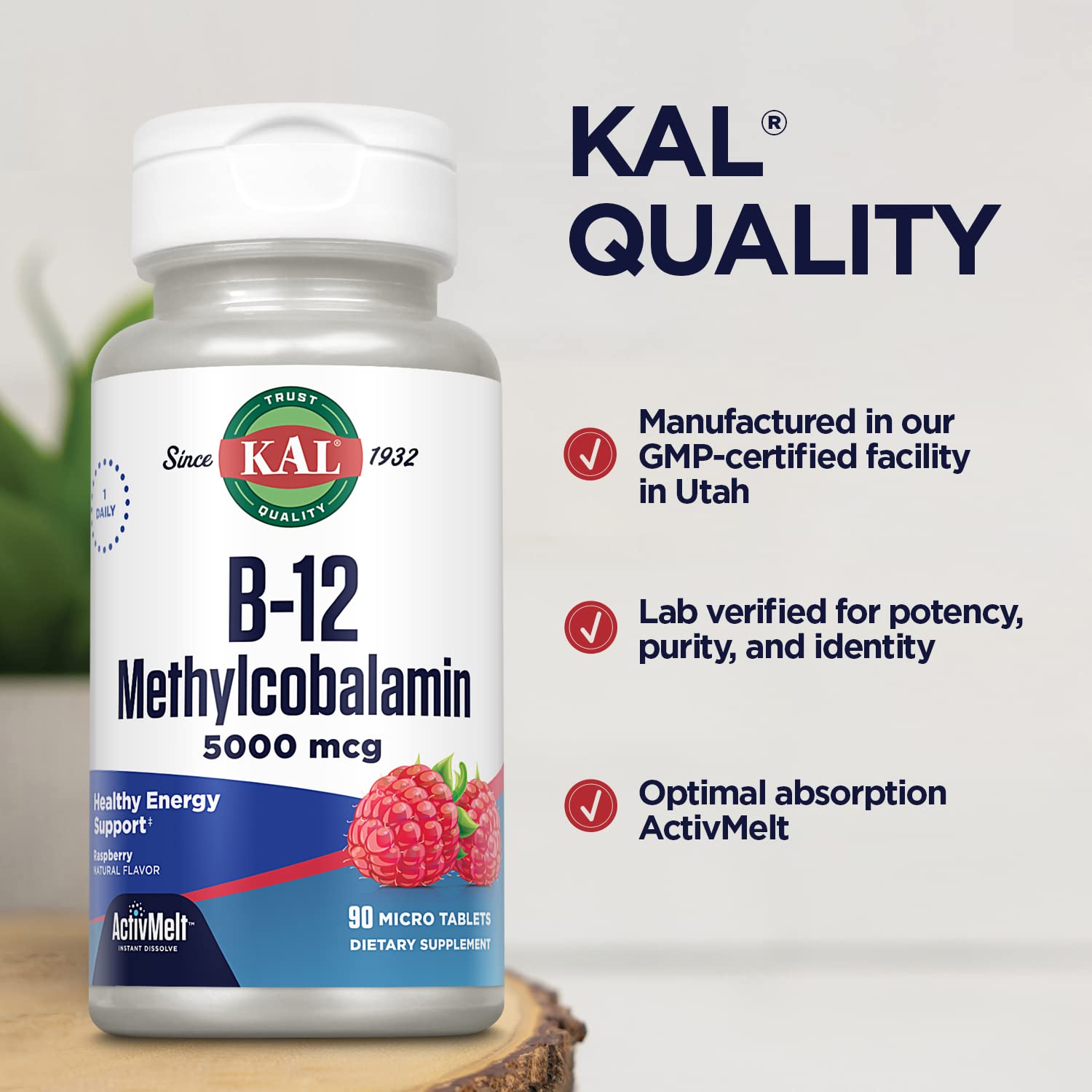 KAL Vitamin B12 ActivMelt bottle showing 90 servings for routine use