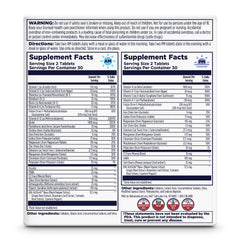 Back of KAL Women's Multivitamin AM/PM bottle with nutrient balance details.
