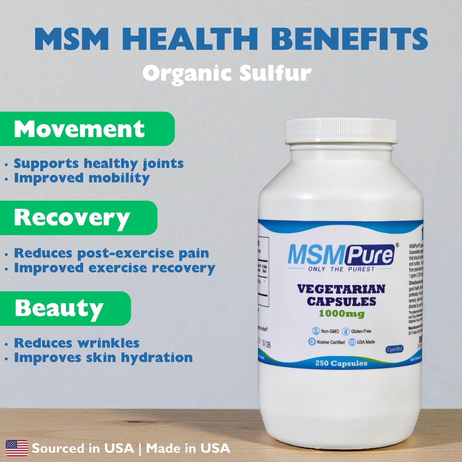 Kala Health MSMPure bottle packaging for convenient supplementation.