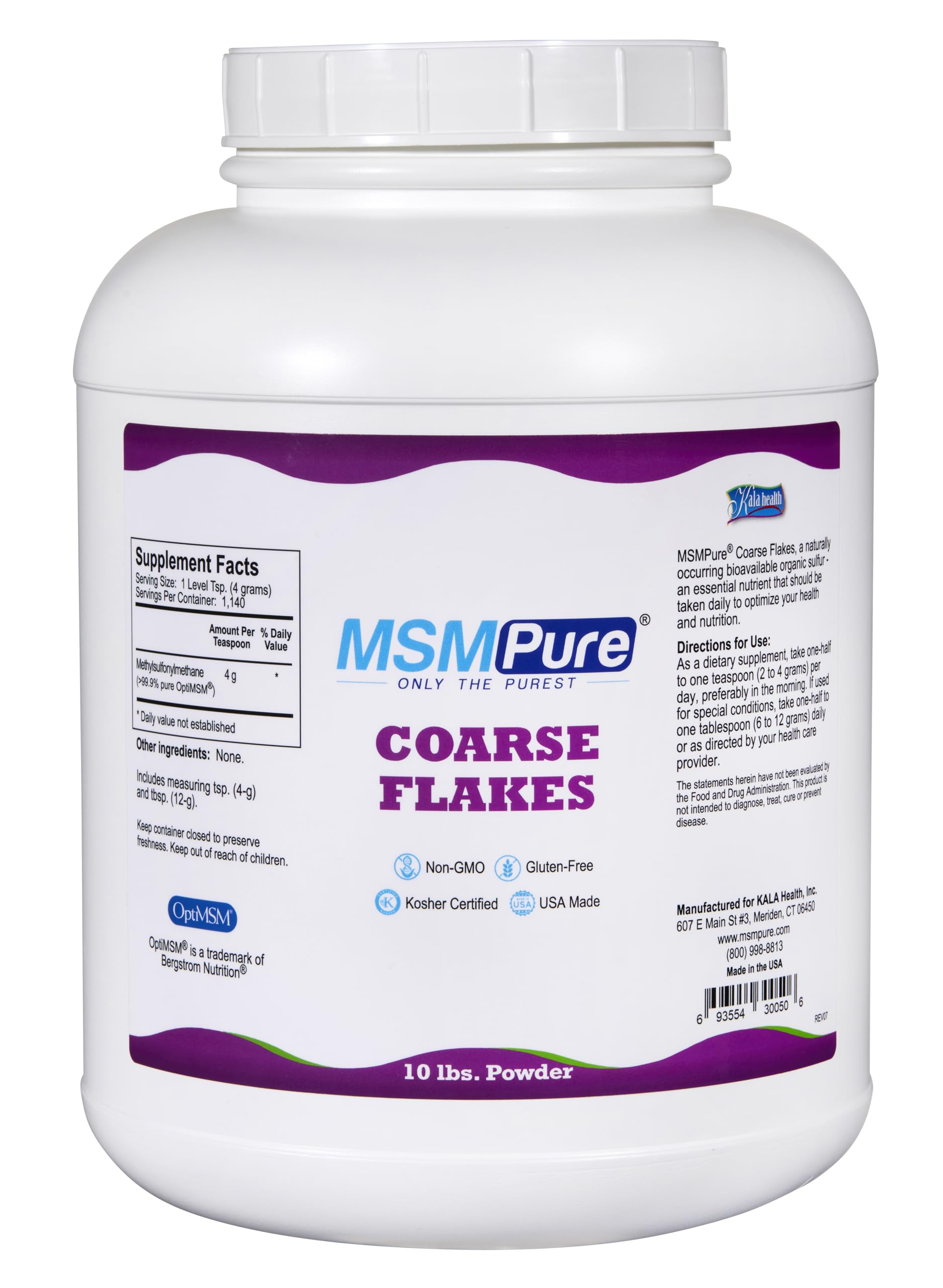 Kala Health MSMPure coarse MSM powder bottle front showing joint support potential