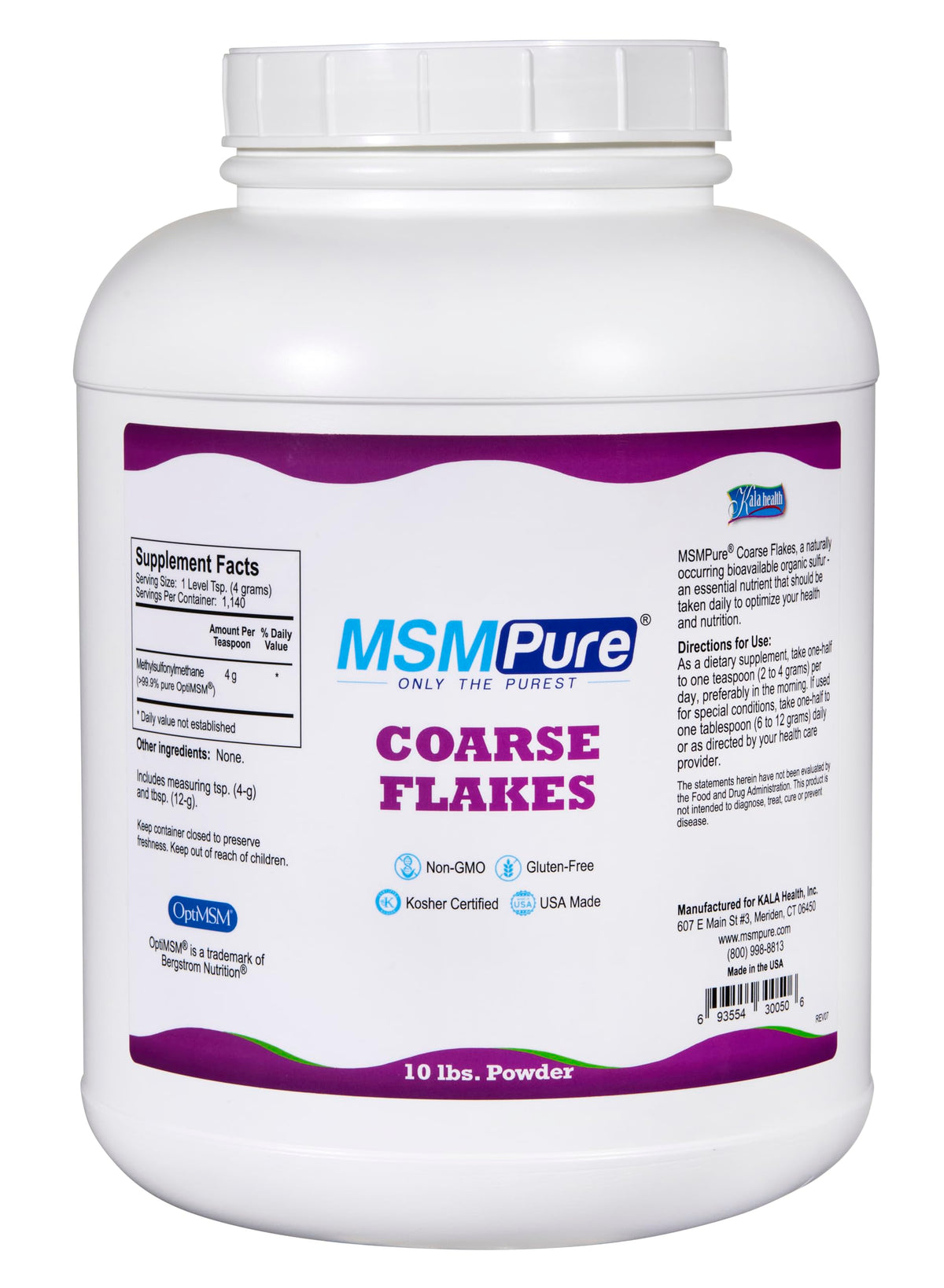 Kala Health MSMPure coarse MSM powder bottle front showing joint support potential