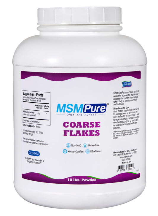 Kala Health MSMPure coarse MSM powder bottle front showing joint support potential