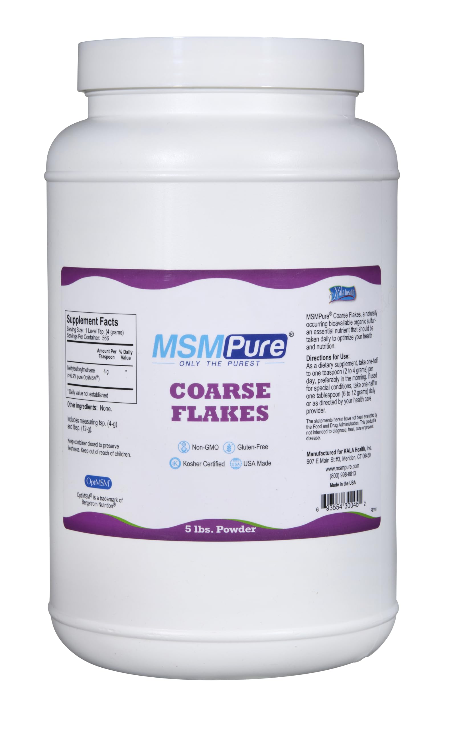 KALA HEALTH MSMPure bottle highlights pure MSM for joint support.