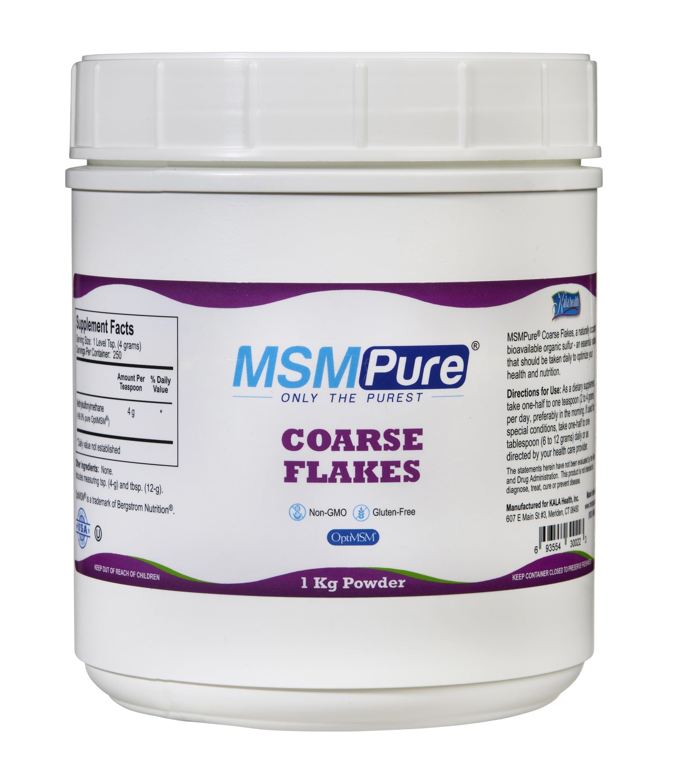 KALA HEALTH MSMPure coarse MSM powder bottle supports joints and skin health.