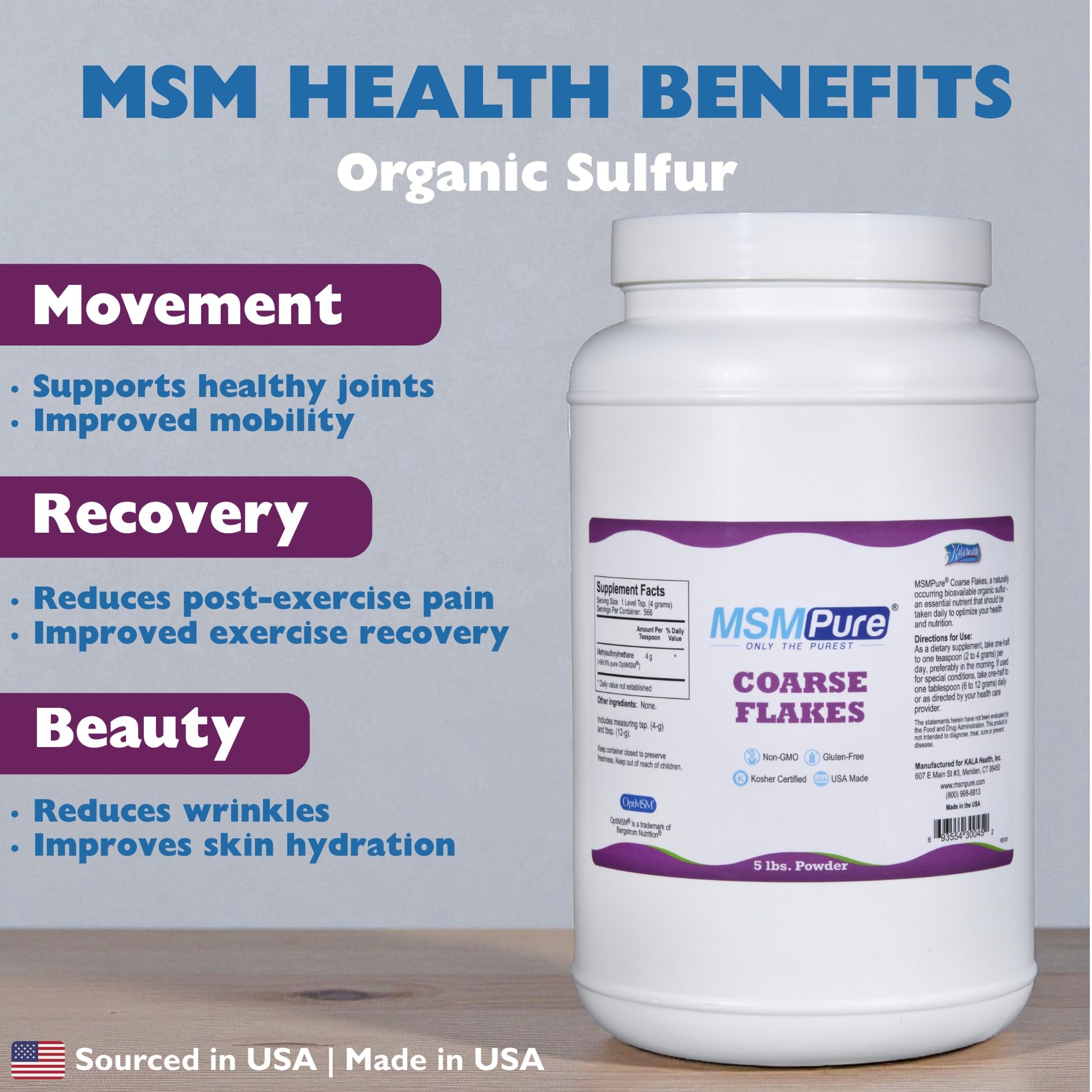 KALA HEALTH MSMPure powder scoop demonstrates easy daily serving for wellness.