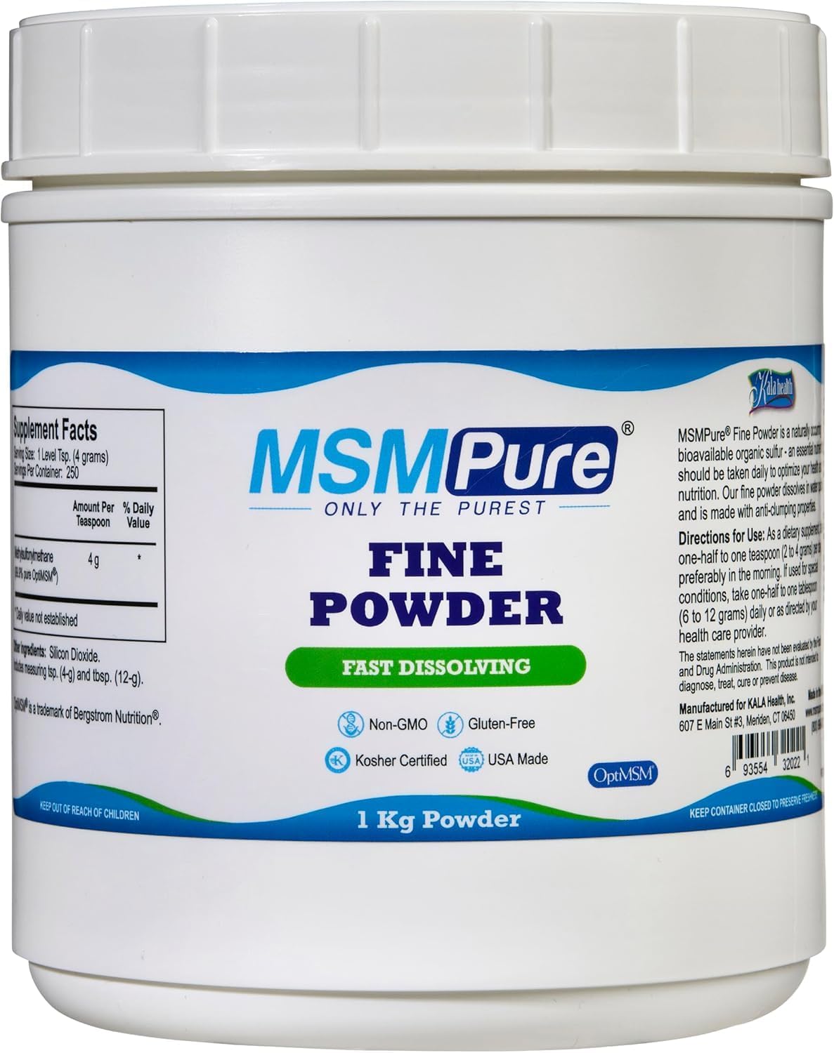 KALA HEALTH MSMPure fast-dissolving powder is shown in a scoop for easy daily joint support.
