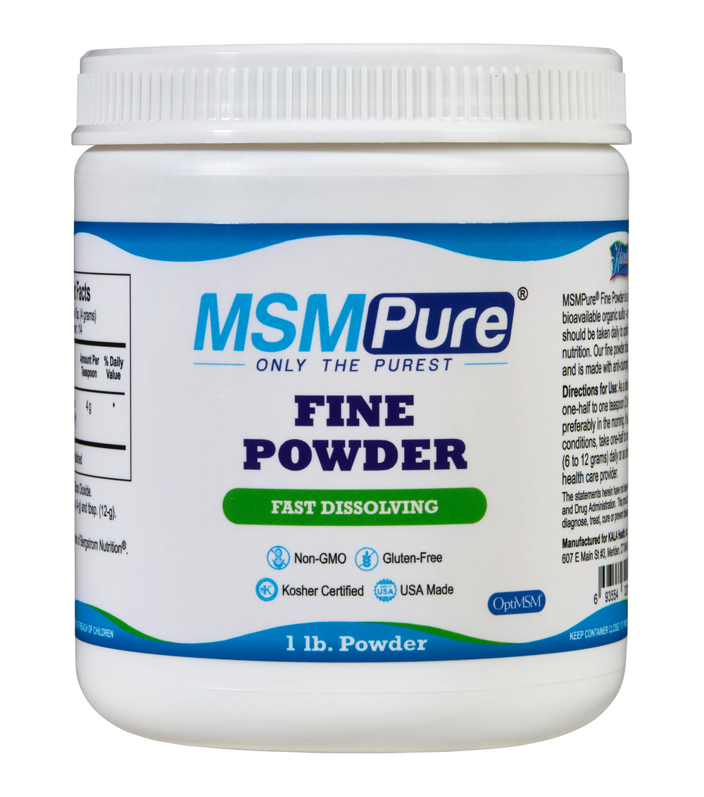 KALA HEALTH MSMPure powder bottle with scoop demonstrates fast-dissolving daily-use feel