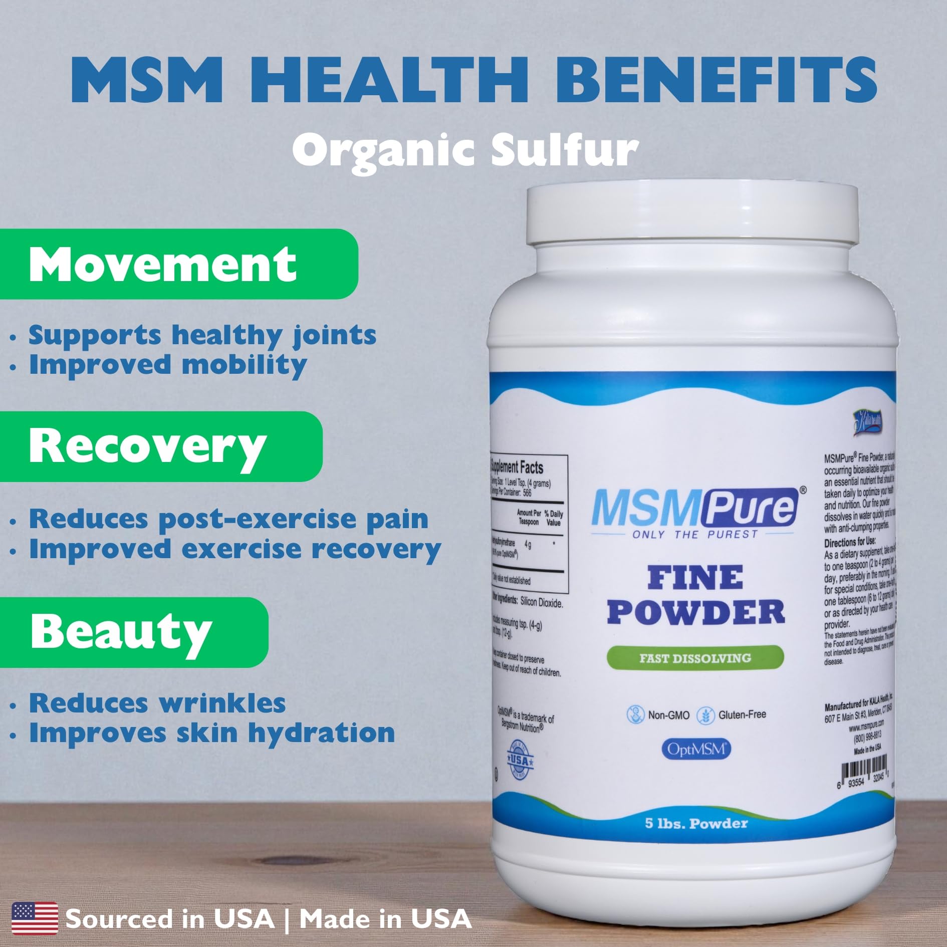 KALA HEALTH MSMPure USA made OptiMSM purity label highlights quality