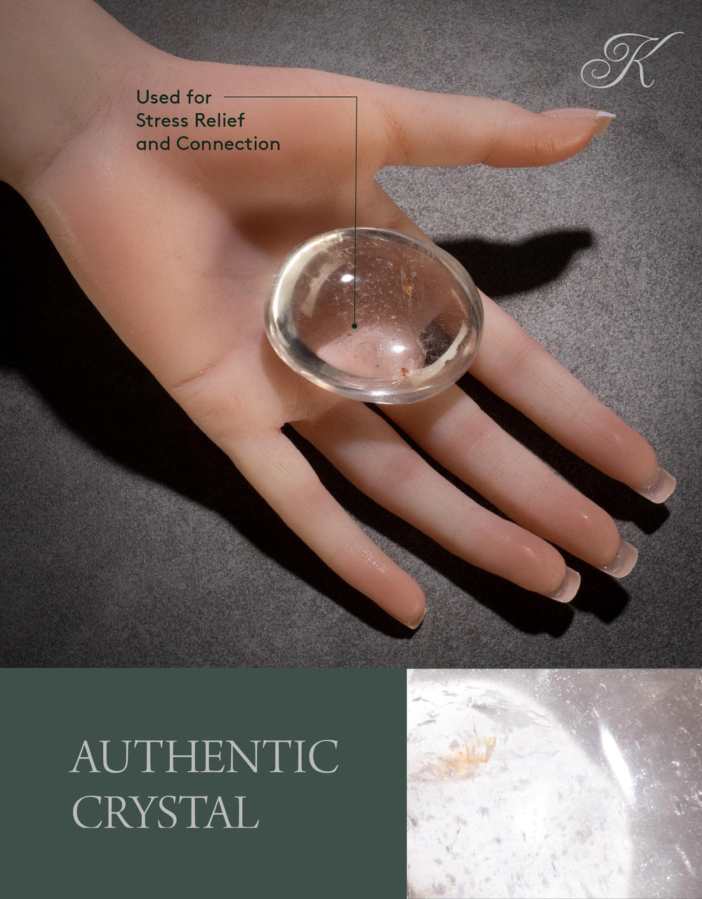 Kalifano quartz palm stone with information card highlights authentic craftsmanship