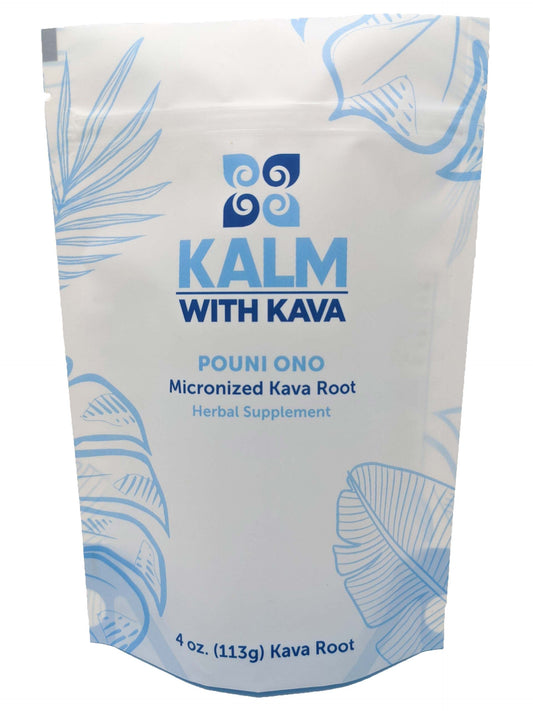 KALM Kava Pouni Ono micronized kava jar for quick, mess-free preparation.