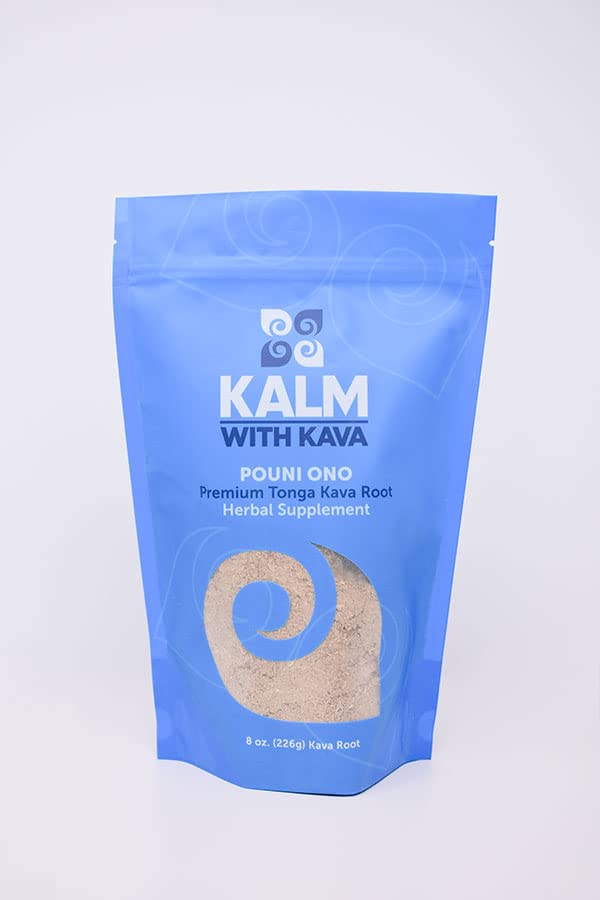 KALM Pouni Ono traditional grind 8 oz bottle shows smooth Tonga kava for uplifting mood.