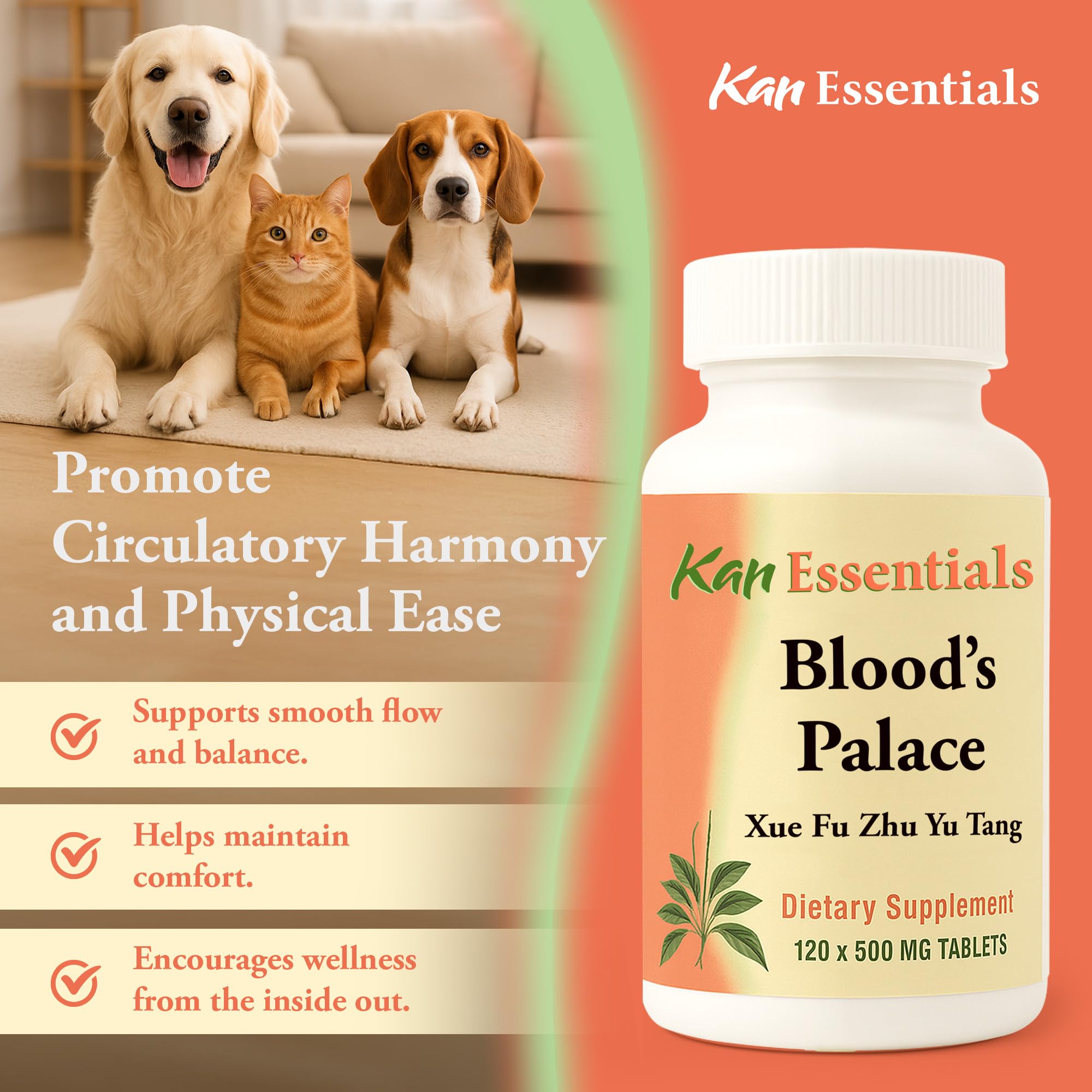 Pet scene showing dosage for dogs and cats, a gentle option for irritable pets.