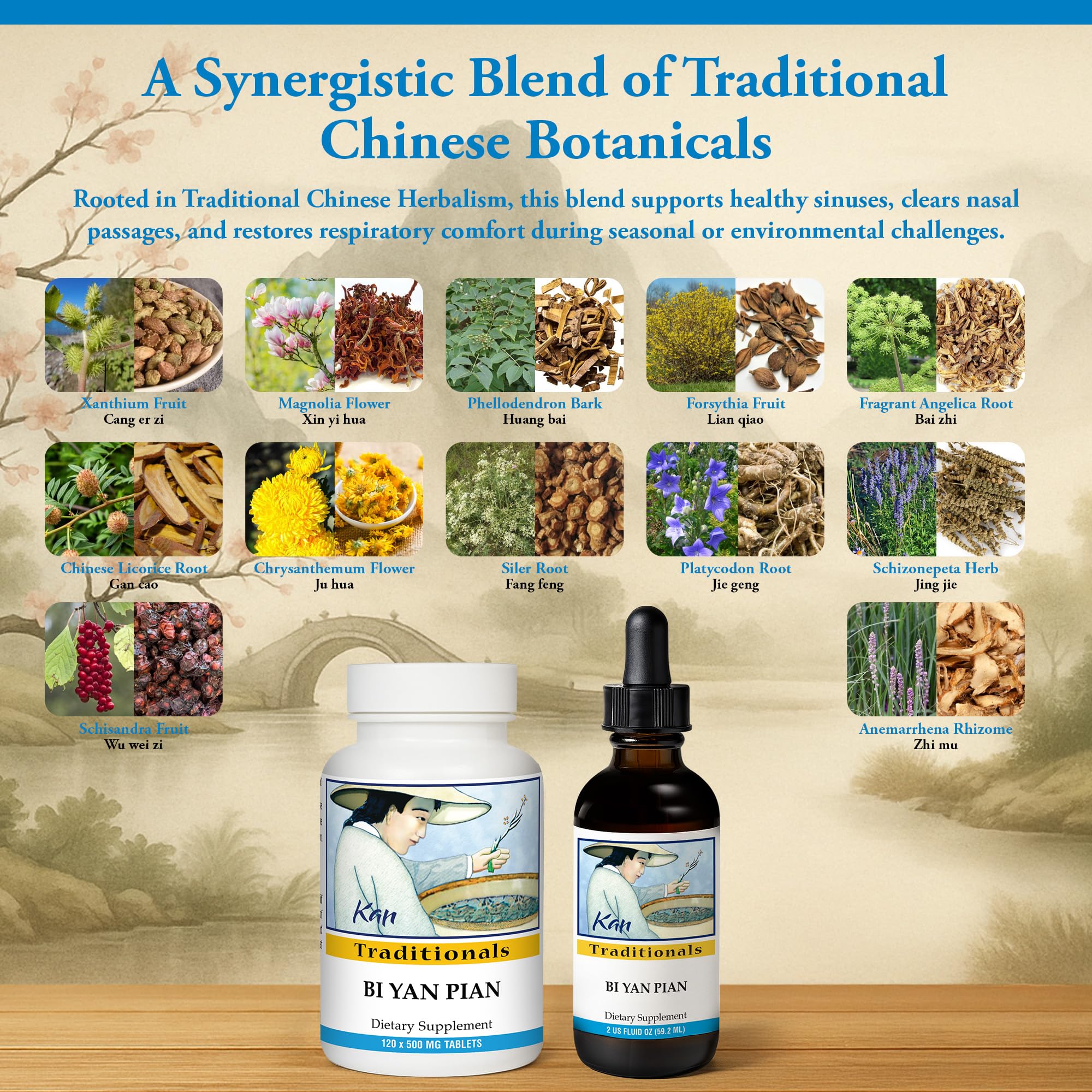 Bi Yan Pian bottle and glass with herbs to evoke natural wellness.