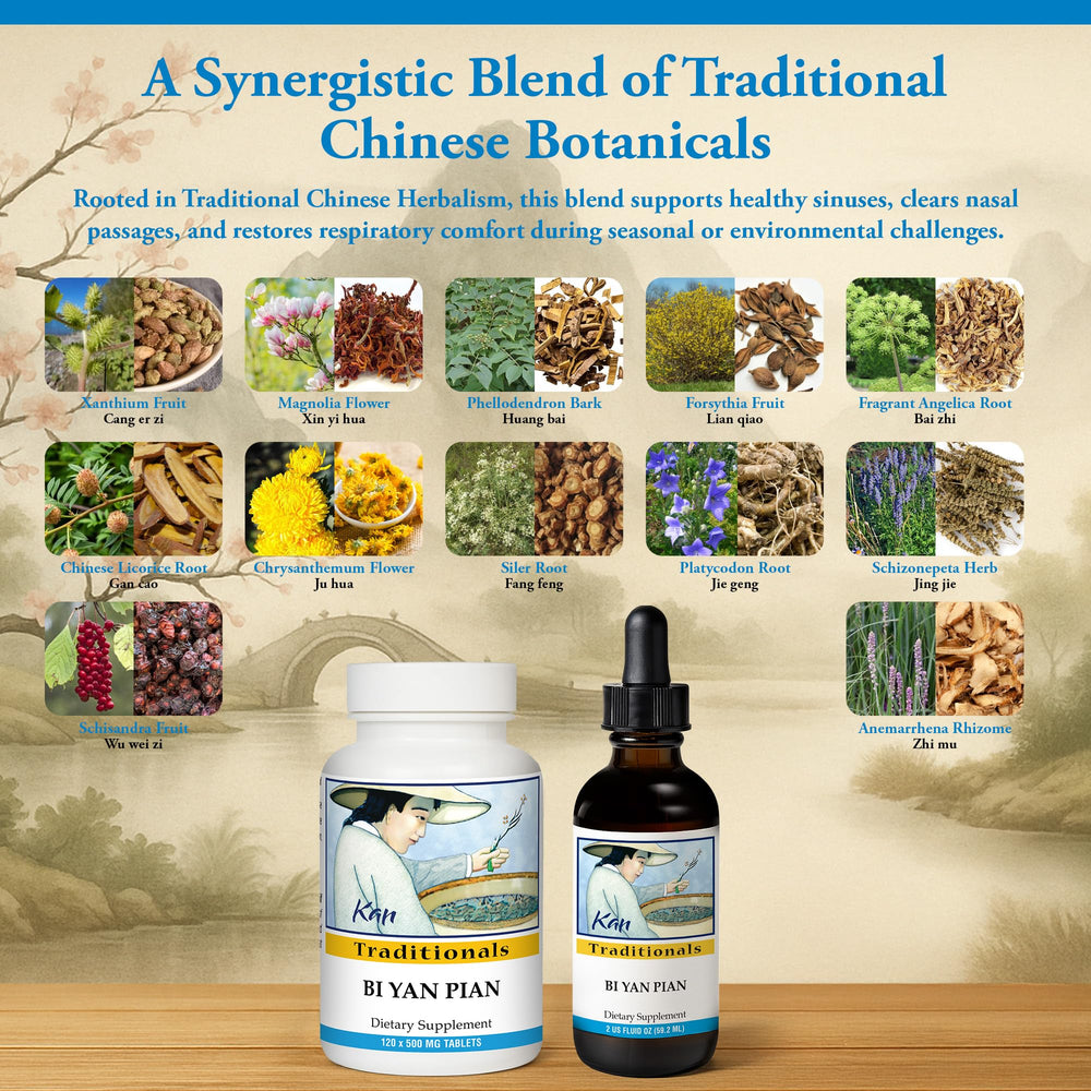 Bi Yan Pian bottle and glass with herbs to evoke natural wellness.