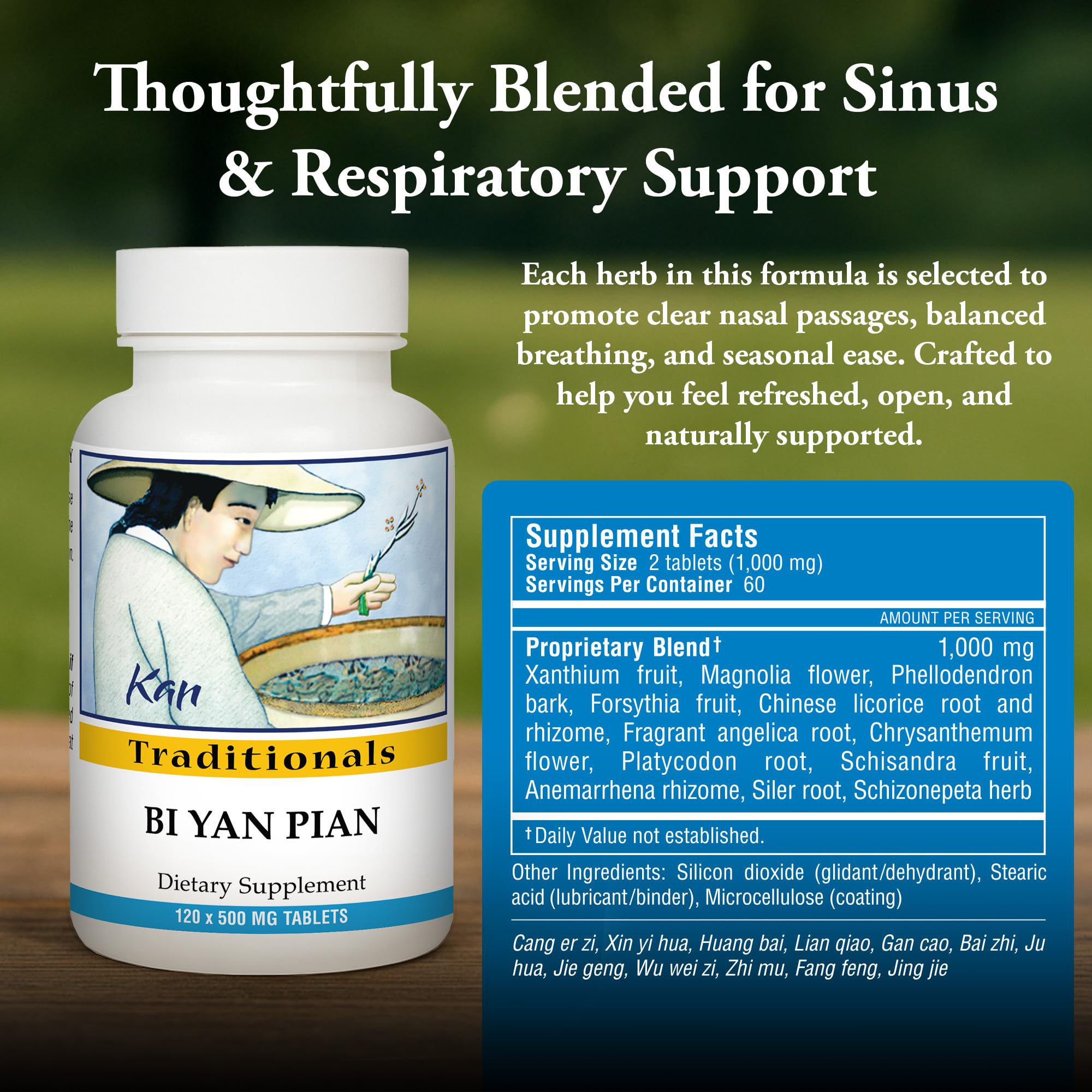 Kan Herb Bi Yan Pian packaging label displaying traditional formula for clear breathing.