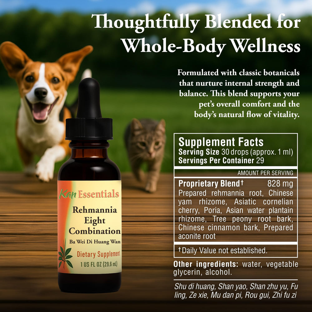 Kan Herb Rehmannia Eight dog-dosing image demonstrates simple administration that may support energy.