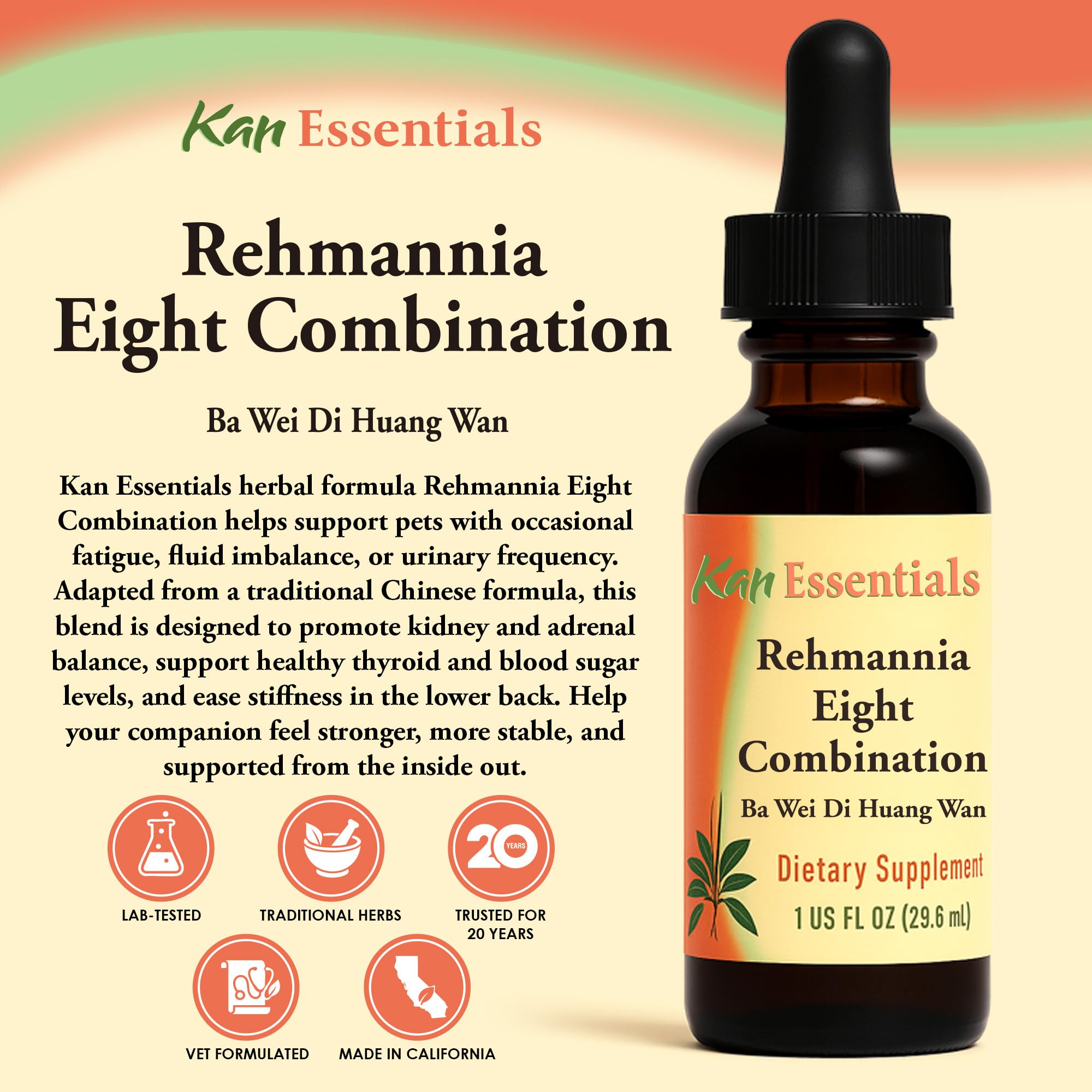 Kan Herb Rehmannia Eight label closeup highlights traditional herbal blend for daily pet wellness.