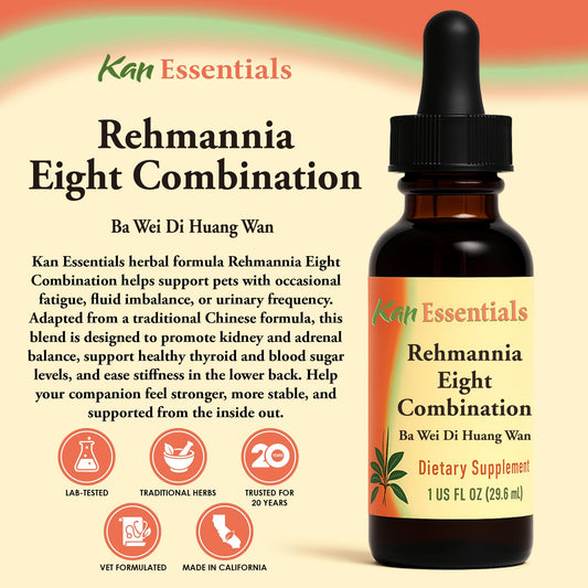 Kan Herb Rehmannia Eight label closeup highlights traditional herbal blend for daily pet wellness.