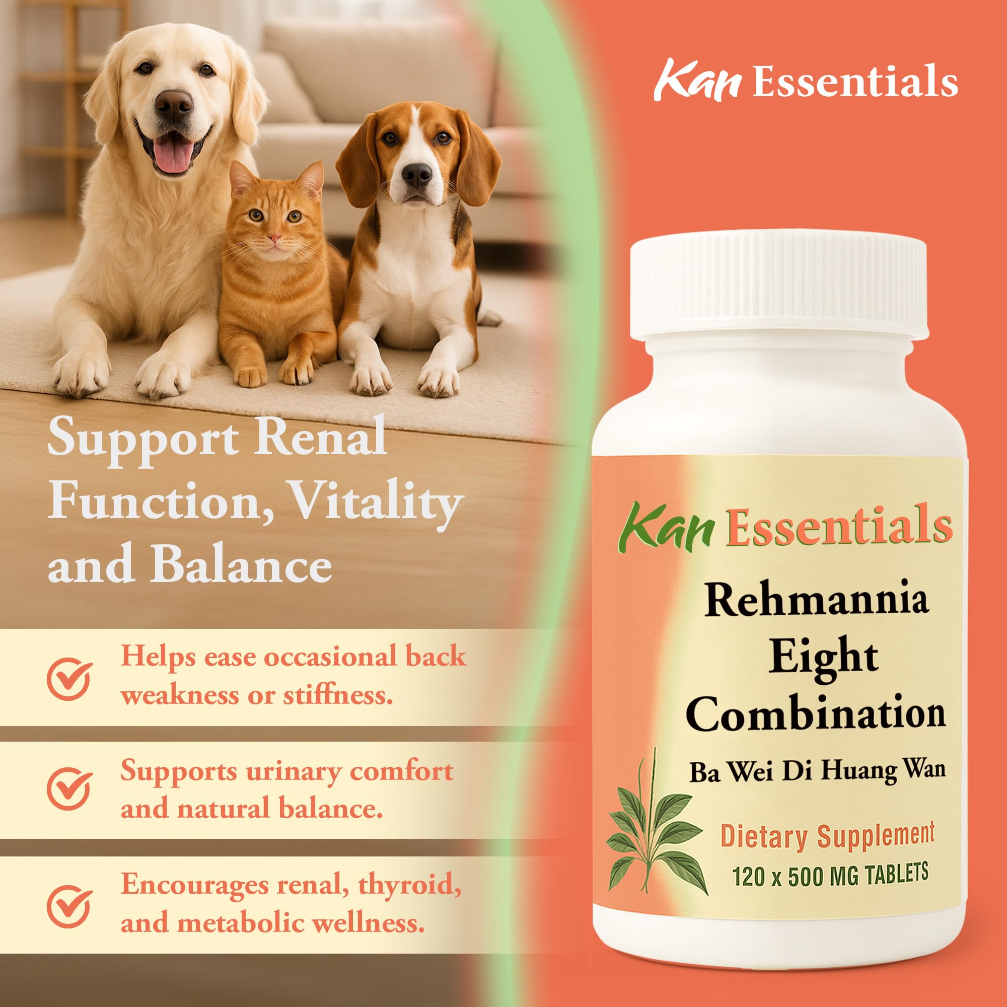 Kan Herb Rehmannia Eight bottle label with plant-based ingredients for pet wellness.