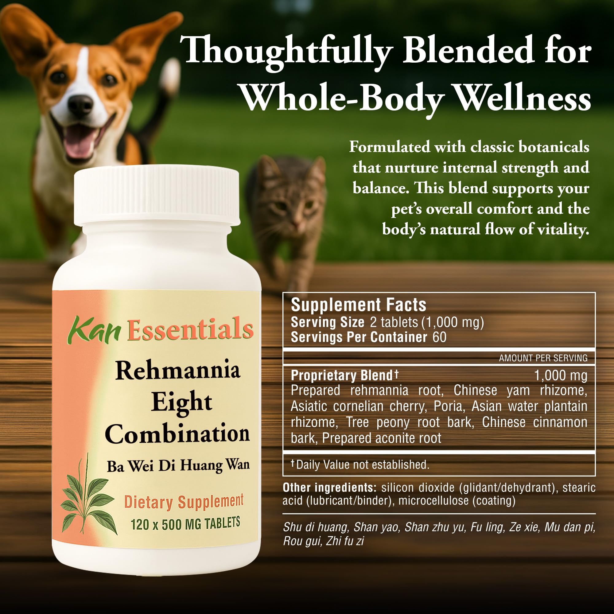 Kan Herb Rehmannia Eight tablets in hand for daily pet wellness.