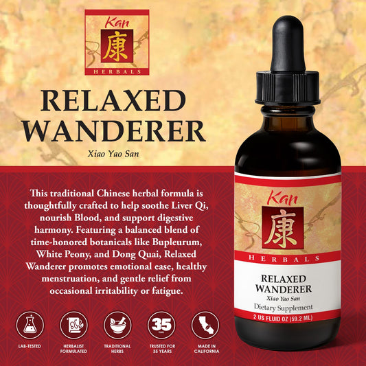 Kan Herb Relaxed Wanderer bottle back detailing ingredients for digestion and cycle balance