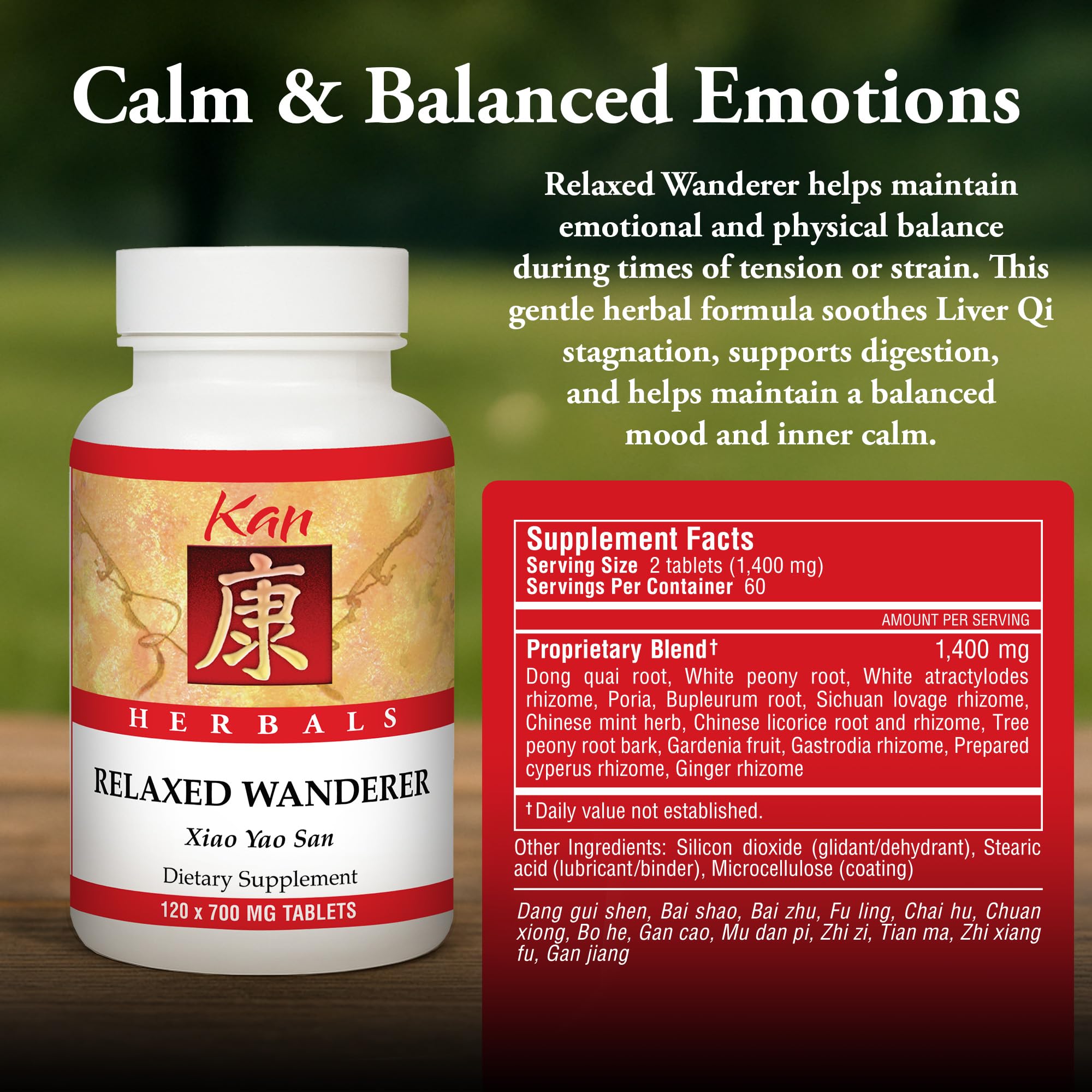 Kan Herb Relaxed Wanderer tablet closeup highlighting easy-to-swallow capsules