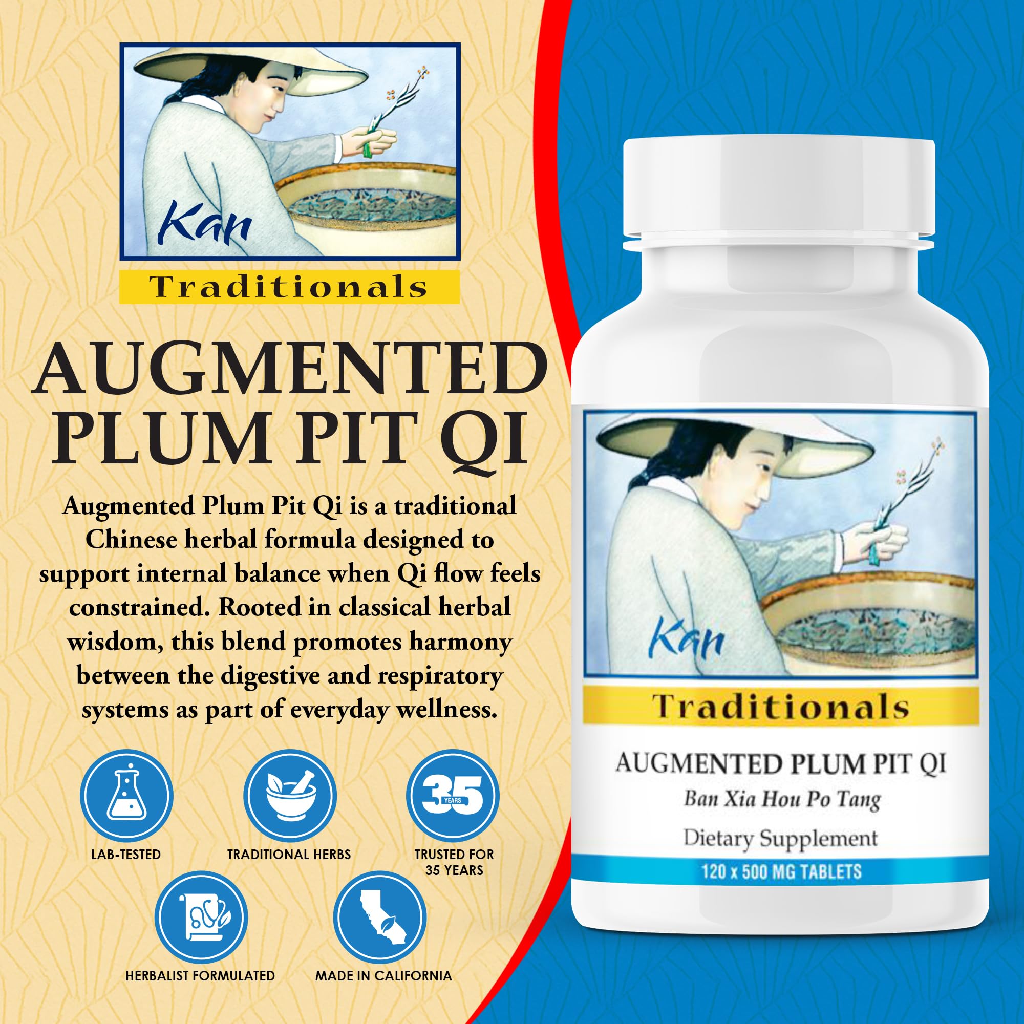 Kan Herbs Plum Pit Qi label closeup reflects traditional formula for harmony.
