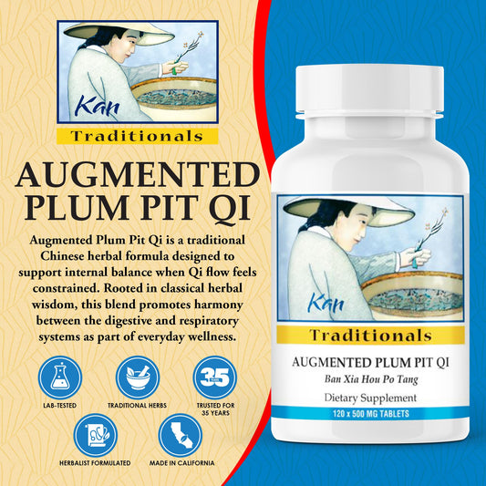 Kan Herbs Plum Pit Qi label closeup reflects traditional formula for harmony.