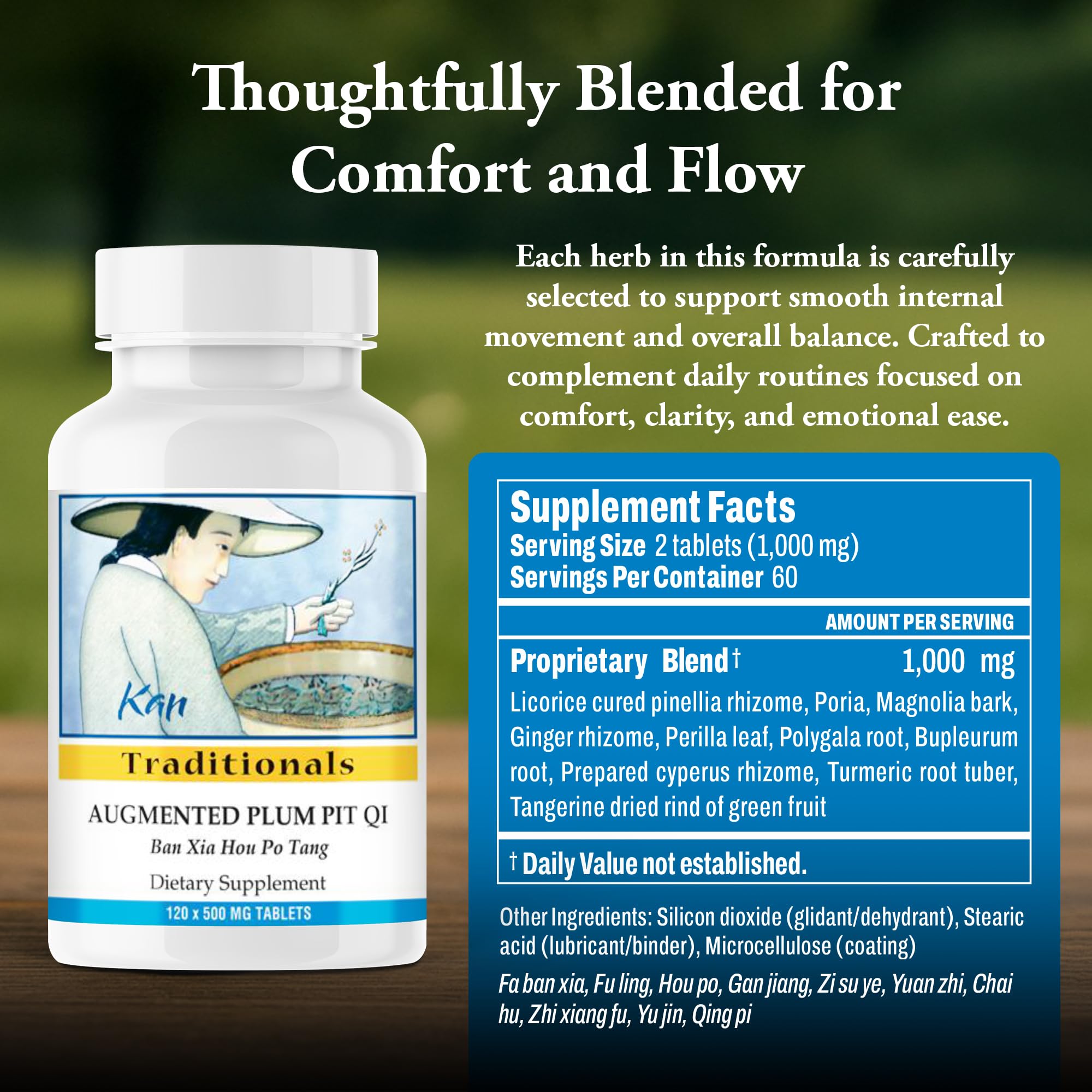 Kan Herbs Augmented Plum Pit Qi tablets in hand suggest easy daily use.