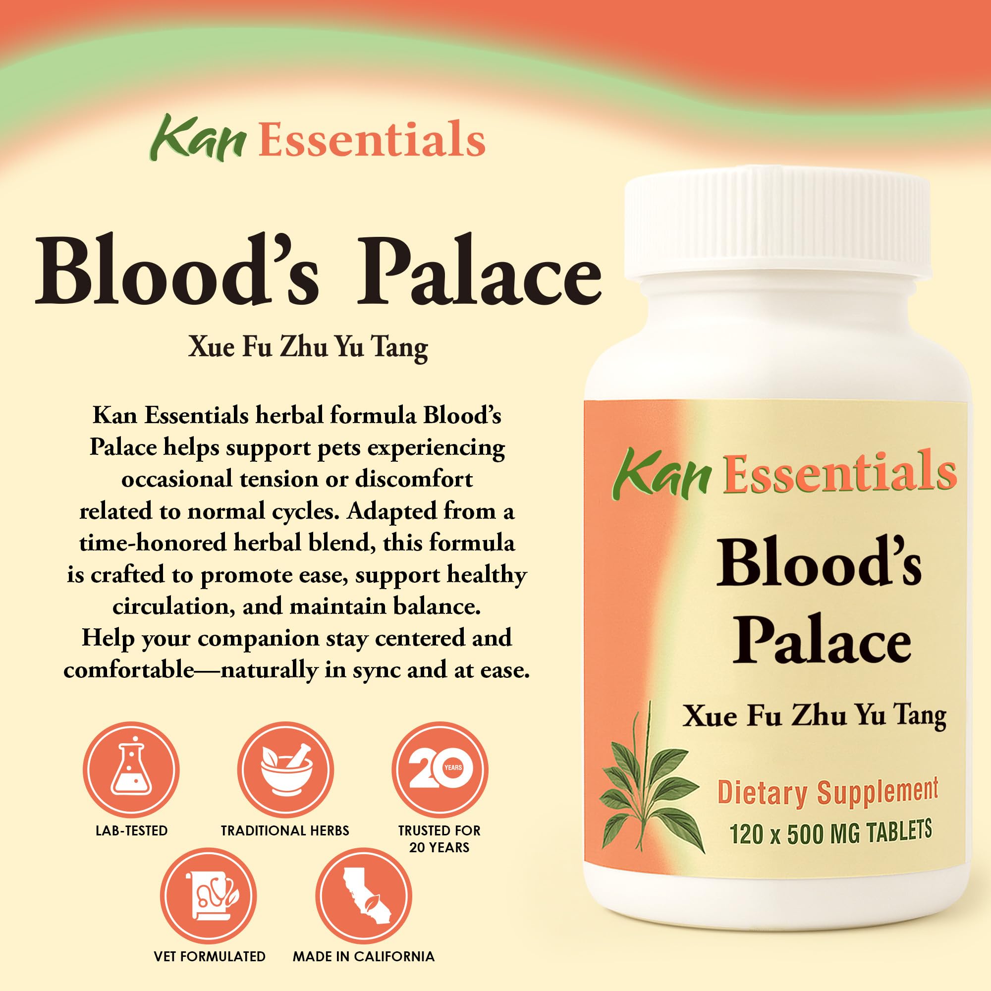 Kan Herbs Blood’s Palace bottle label highlights traditional herbs for daily pet wellness.