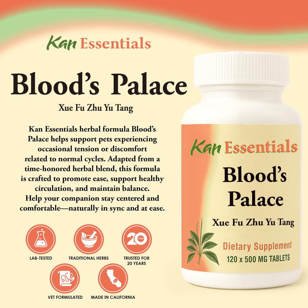 Kan Herbs Blood’s Palace bottle label highlights traditional herbs for daily pet wellness.