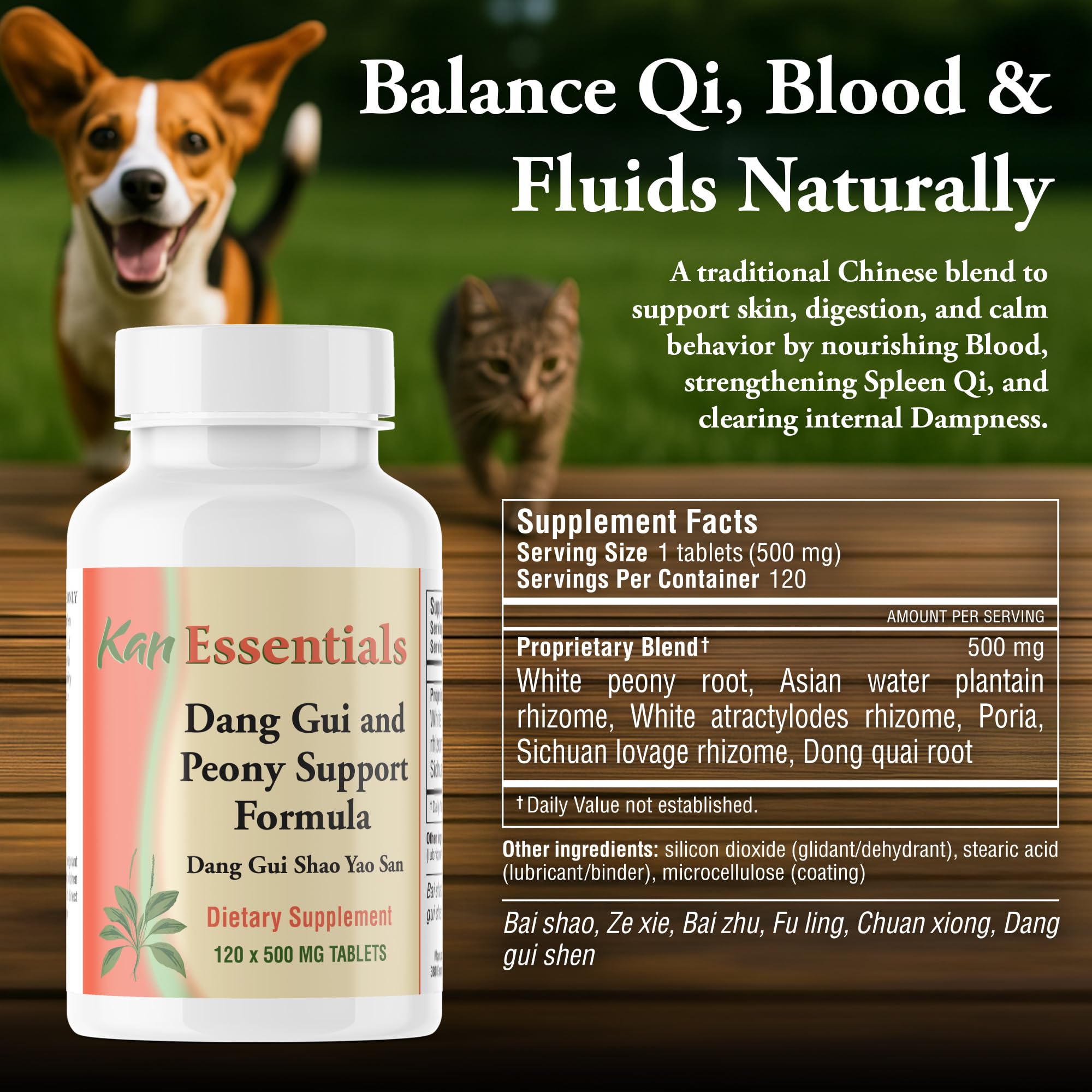 Packaging back of Kan Herbs Essentials Dang Gui and Peony with dosage guidance