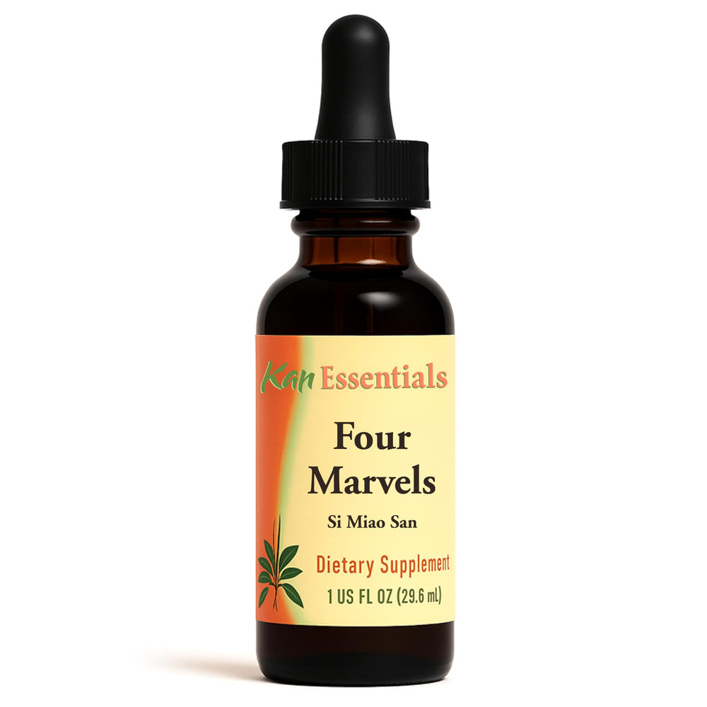 Kan Herbs Four Marvels bottle label shows a natural blend for pet digestive balance.