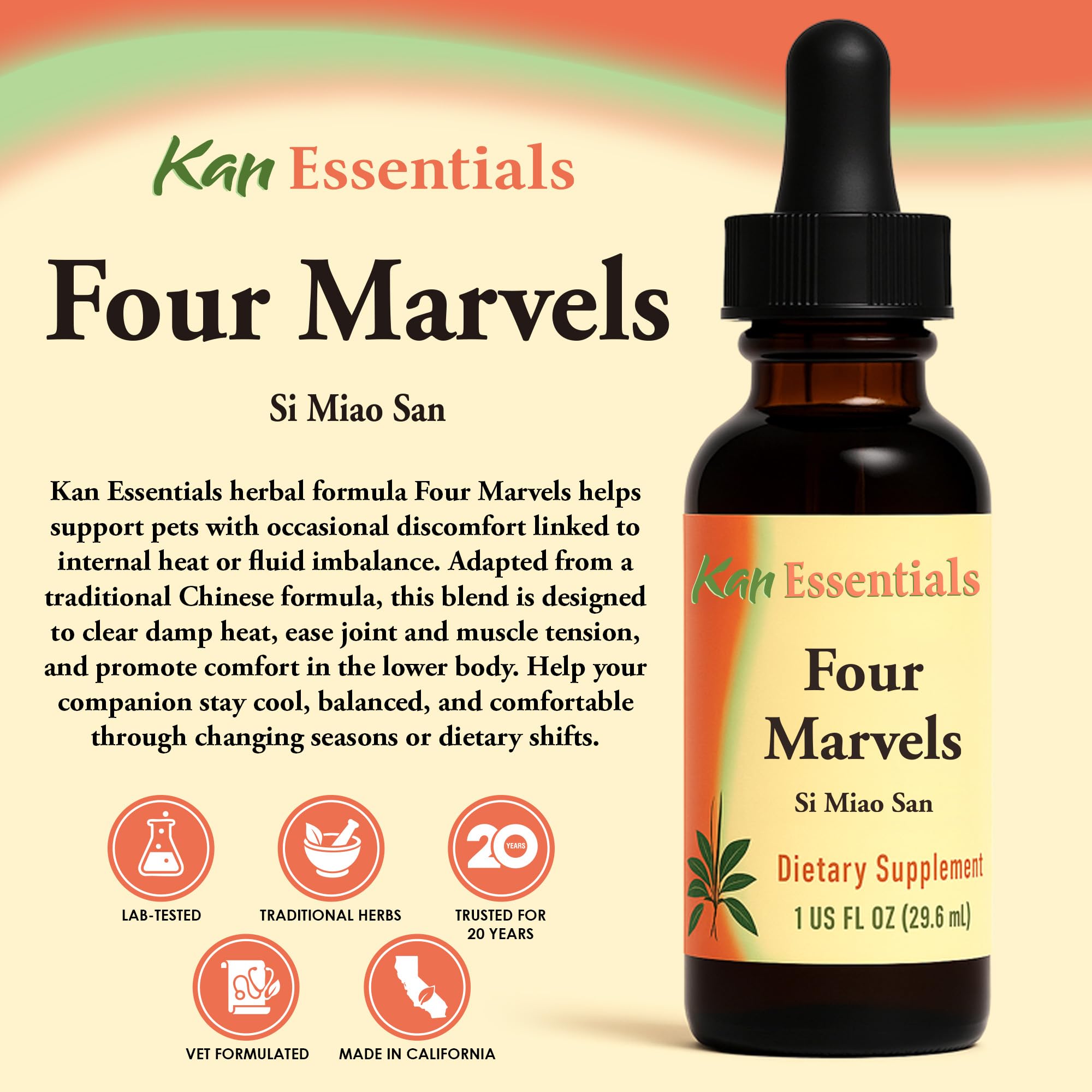 Kan Herbs Four Marvels dog image suggests gentle support for digestion during meals.