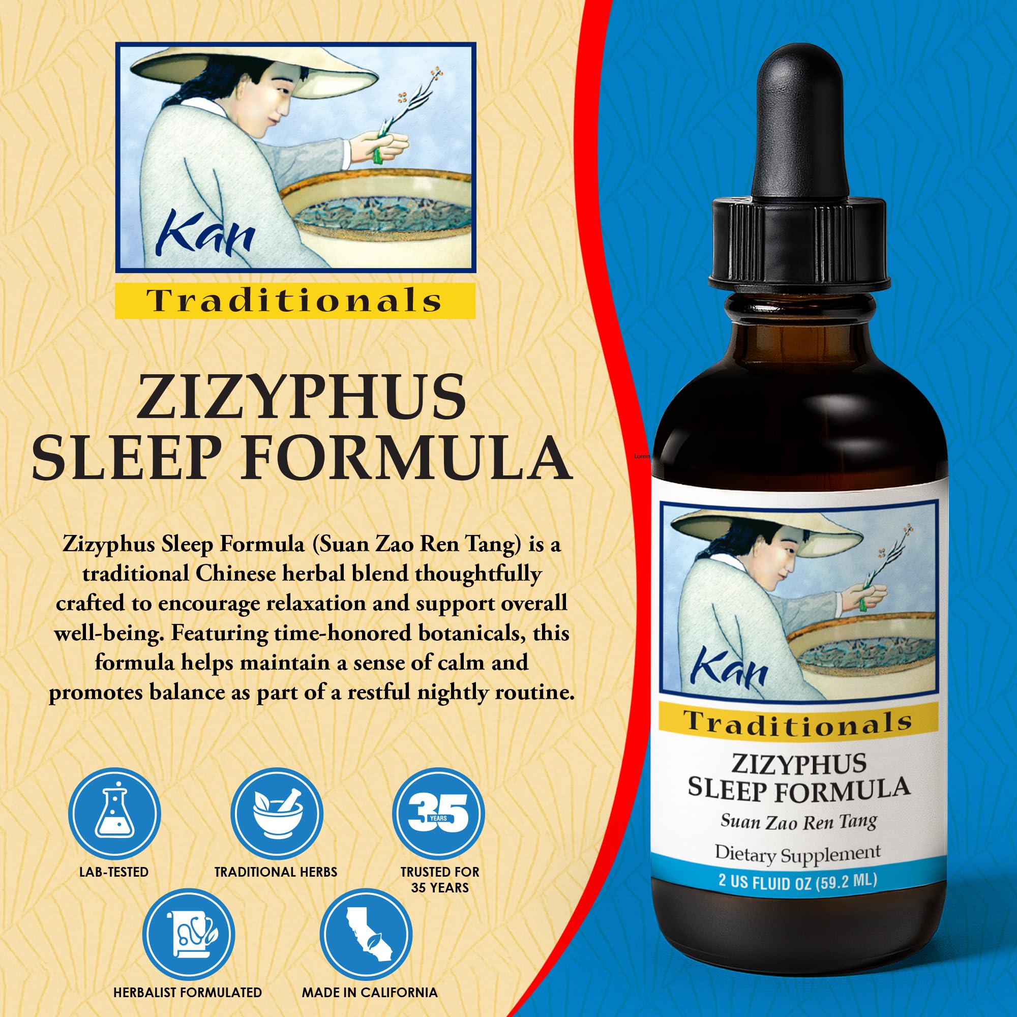 Close-up of Kan Herbs label showing traditional Zizyphus Sleep Formula details.