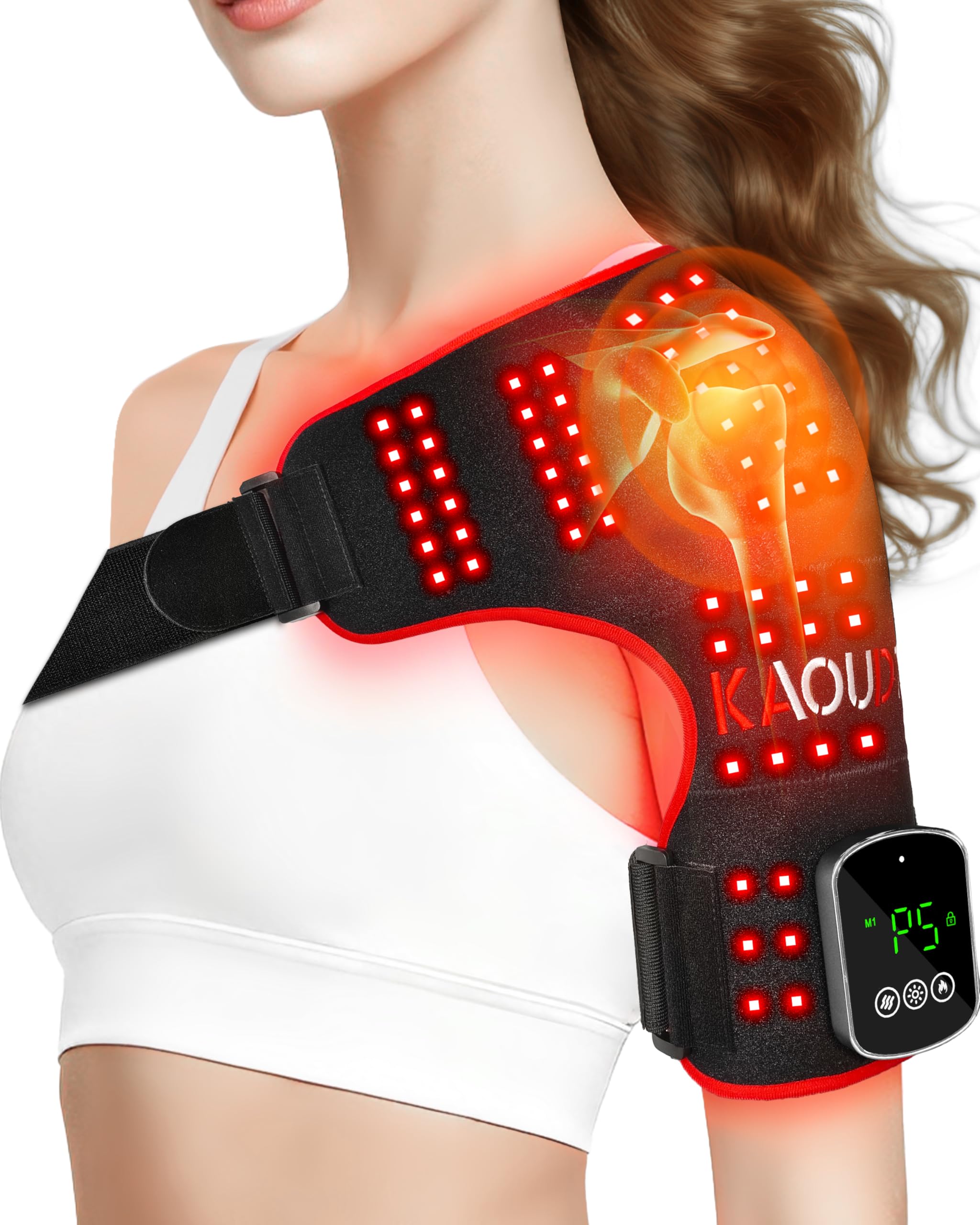 Kaoudt cordless shoulder wrap front view for targeted red light therapy relief