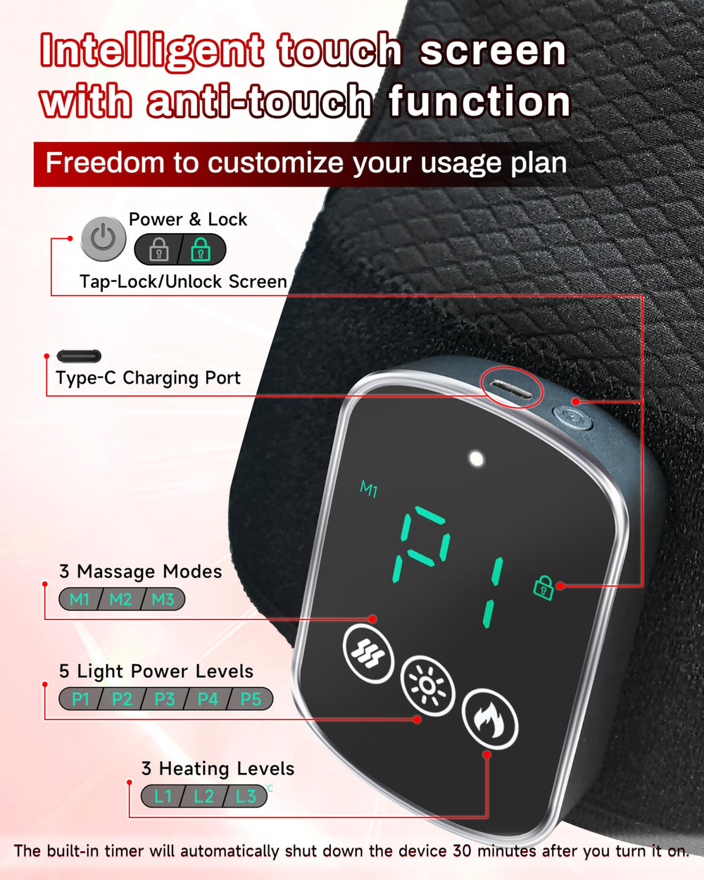 Kaoudt knee massager control panel with mode and intensity options