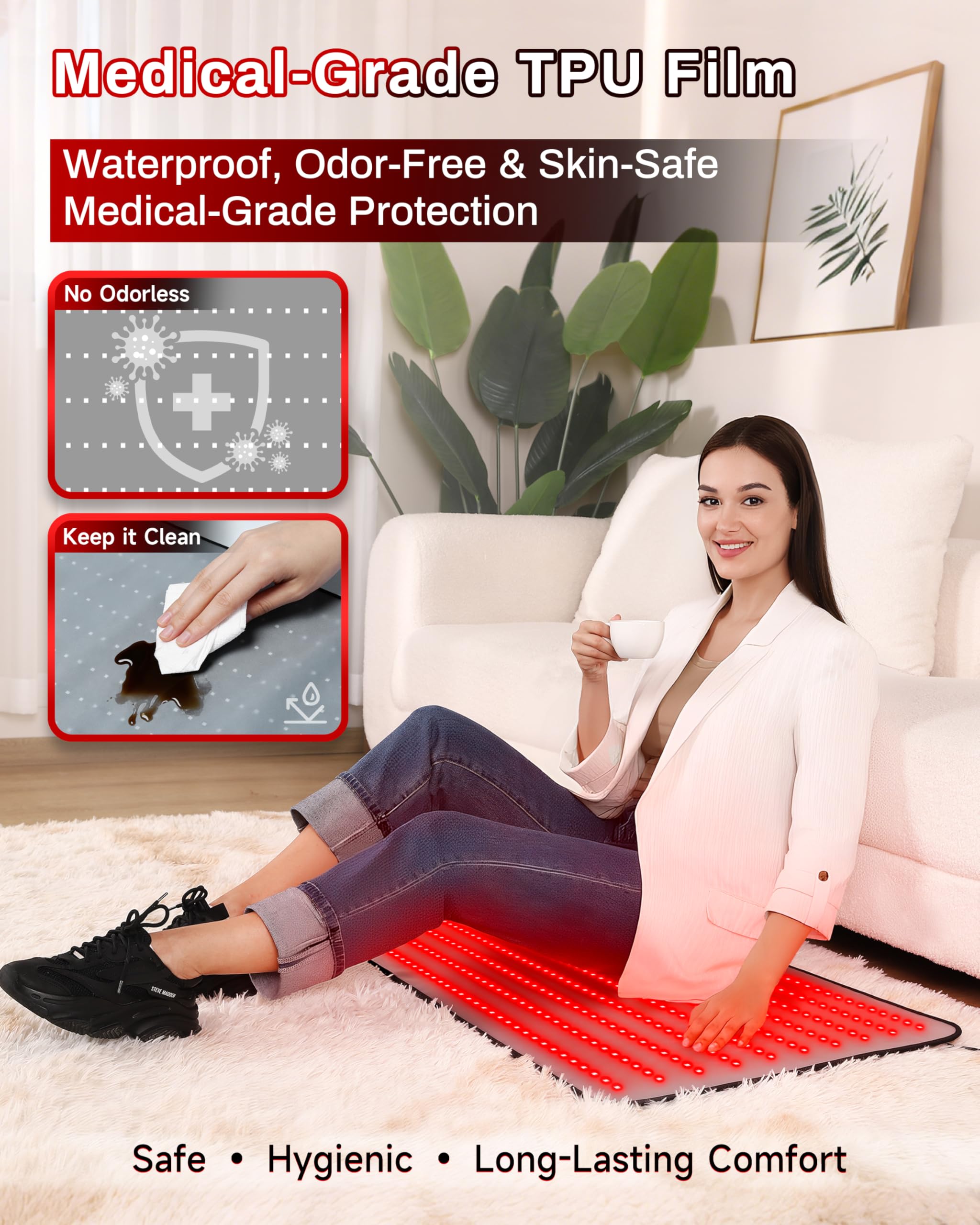 Kaoudt red light therapy mat on abdomen for gentle warming and recovery support.