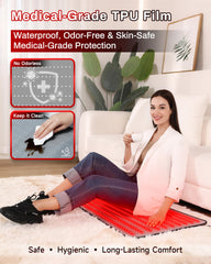 Kaoudt red light therapy mat on abdomen for gentle warming and recovery support.