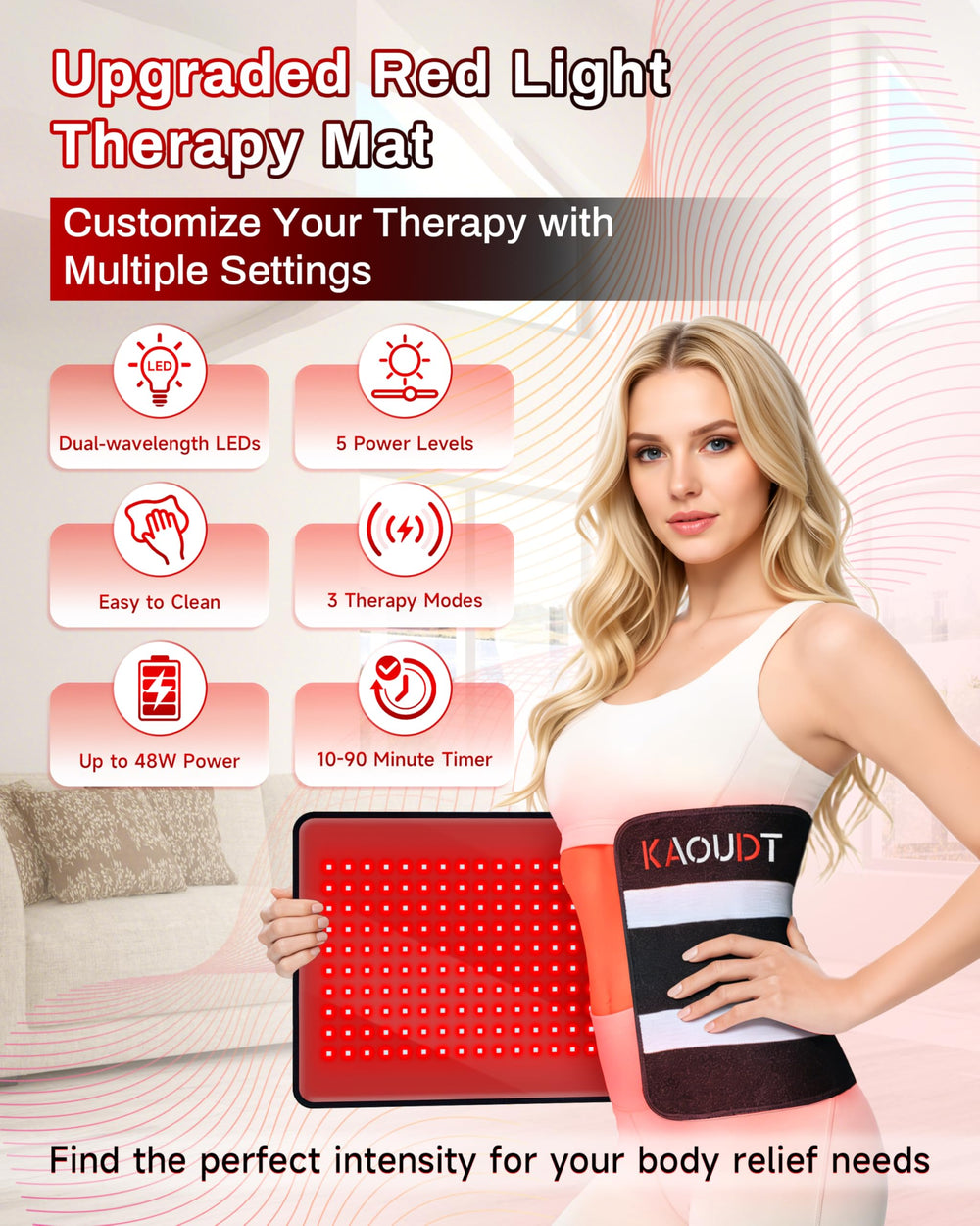 Kaoudt red light therapy mat angled on body for precise therapy along the torso