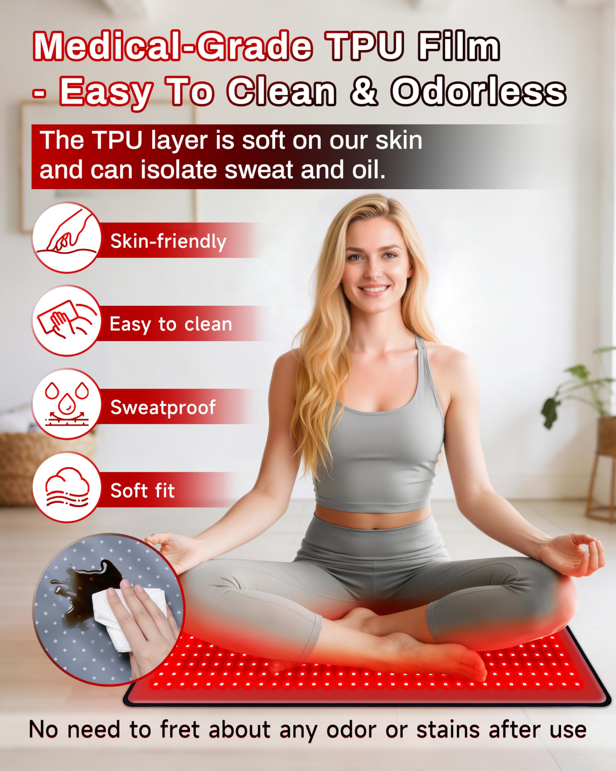 Kaoudt red light therapy mat side view illustrating ergonomic fit during use